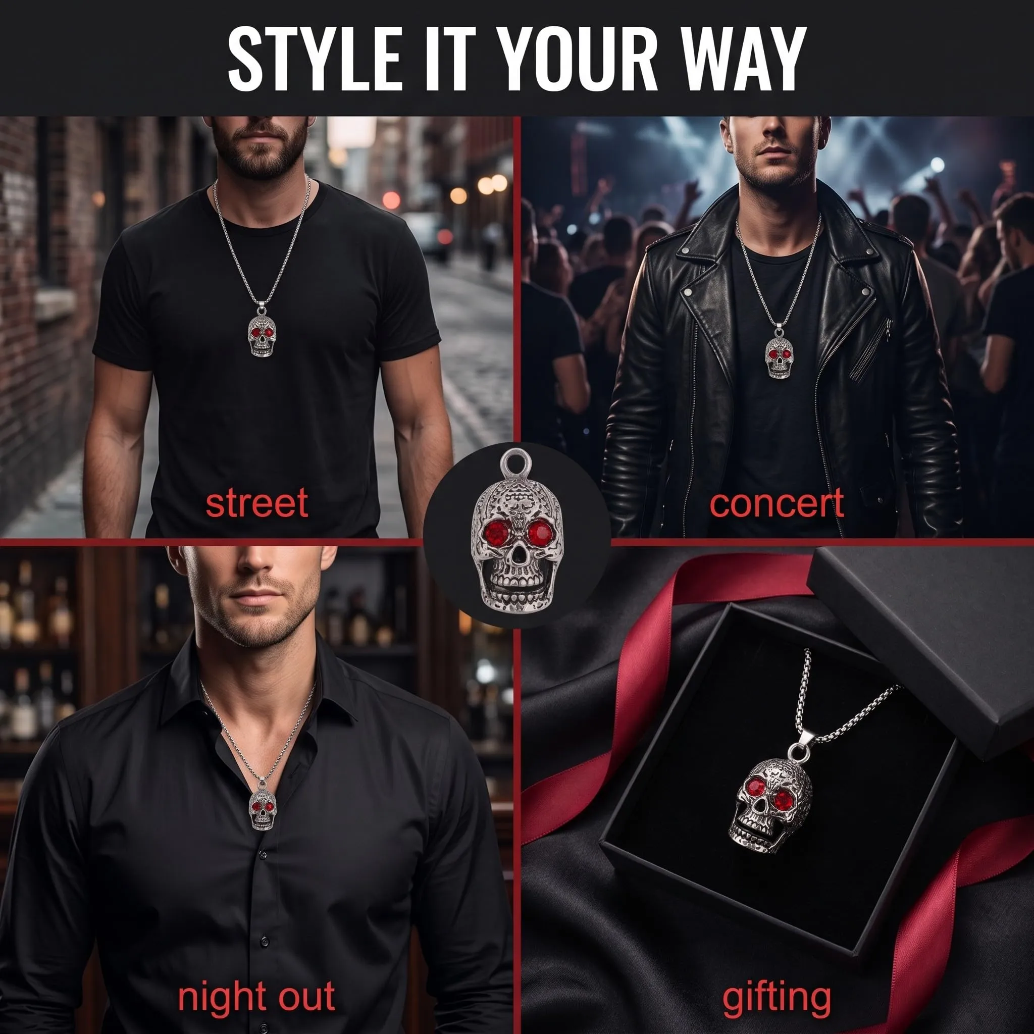 QALPOM Collana Uomo con Ciondolo a Teschio in Acciaio Inossidabile, Pendente Gotico con Occhi in Cristallo Rosso, Catenina da 60cm, Regalo per Compleanno, Halloween e Natale - immagine 5