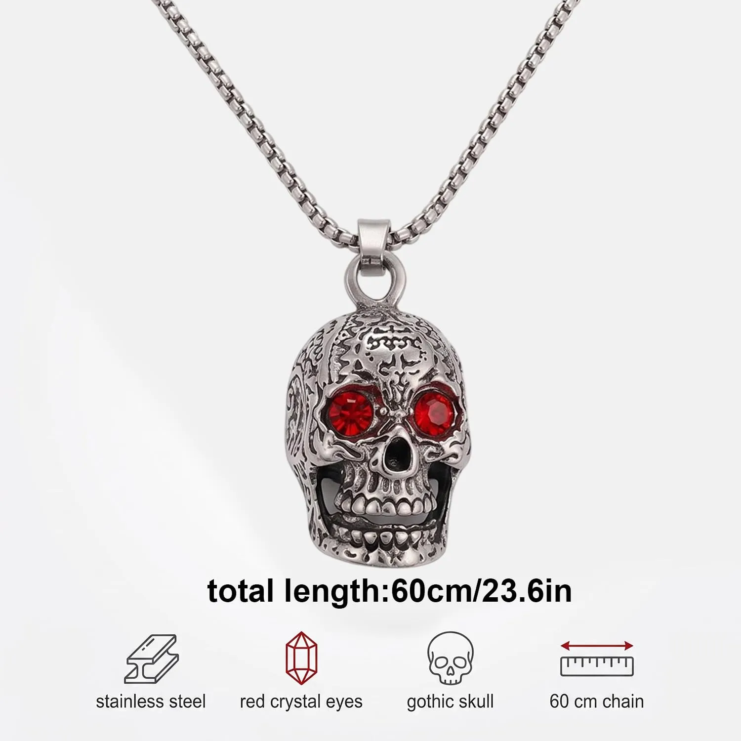 QALPOM Collana Uomo con Ciondolo a Teschio in Acciaio Inossidabile, Pendente Gotico con Occhi in Cristallo Rosso, Catenina da 60cm, Regalo per Compleanno, Halloween e Natale - immagine 7
