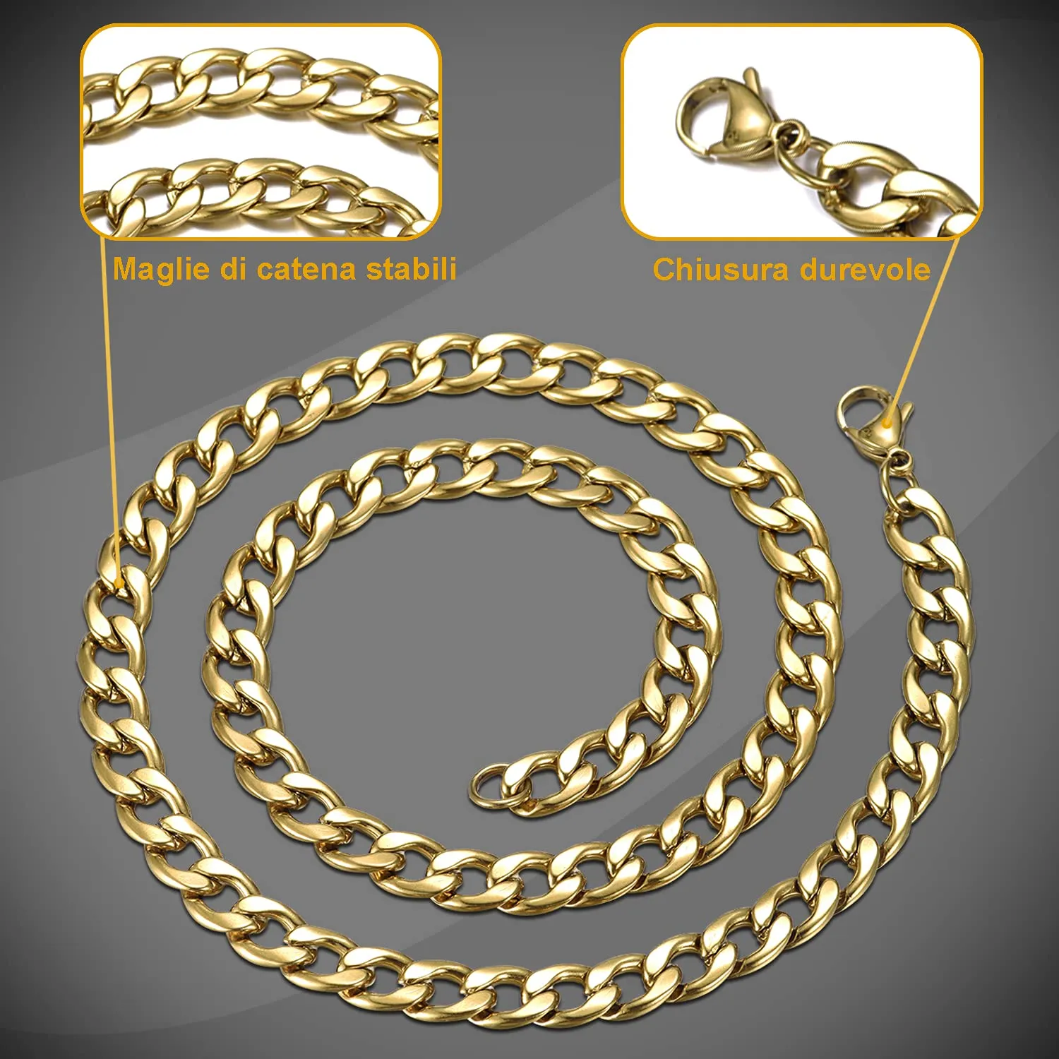 DonDon Collana a Maglie Larghe Uomo in Acciaio Inox Colore Oro Lunghezza 56 cm - Ø 0,4 cm - immagine 6