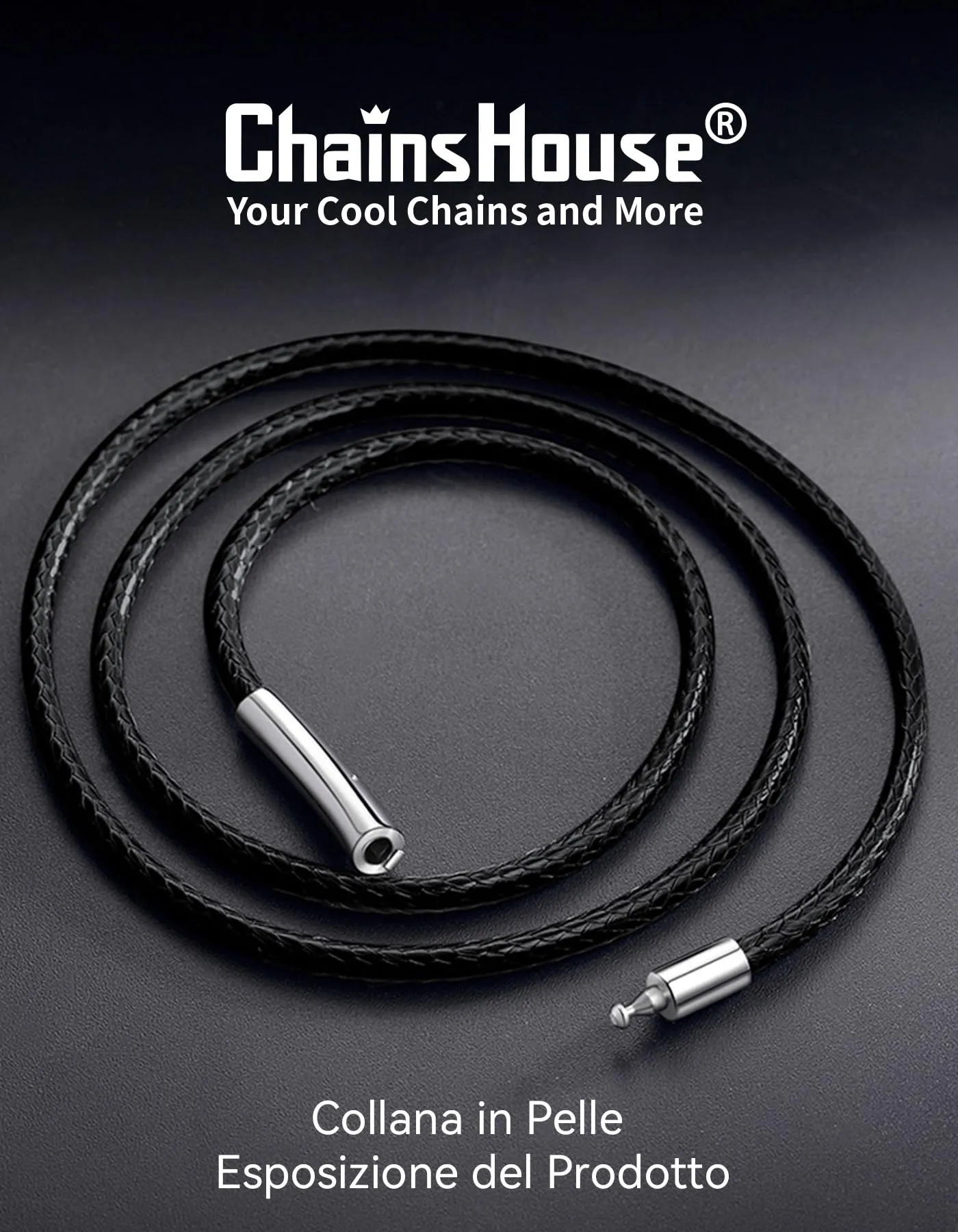 ChainsHouse Collana Caucciù Uomo Cordino per Collane 3mm Nero 55cm - immagine 3