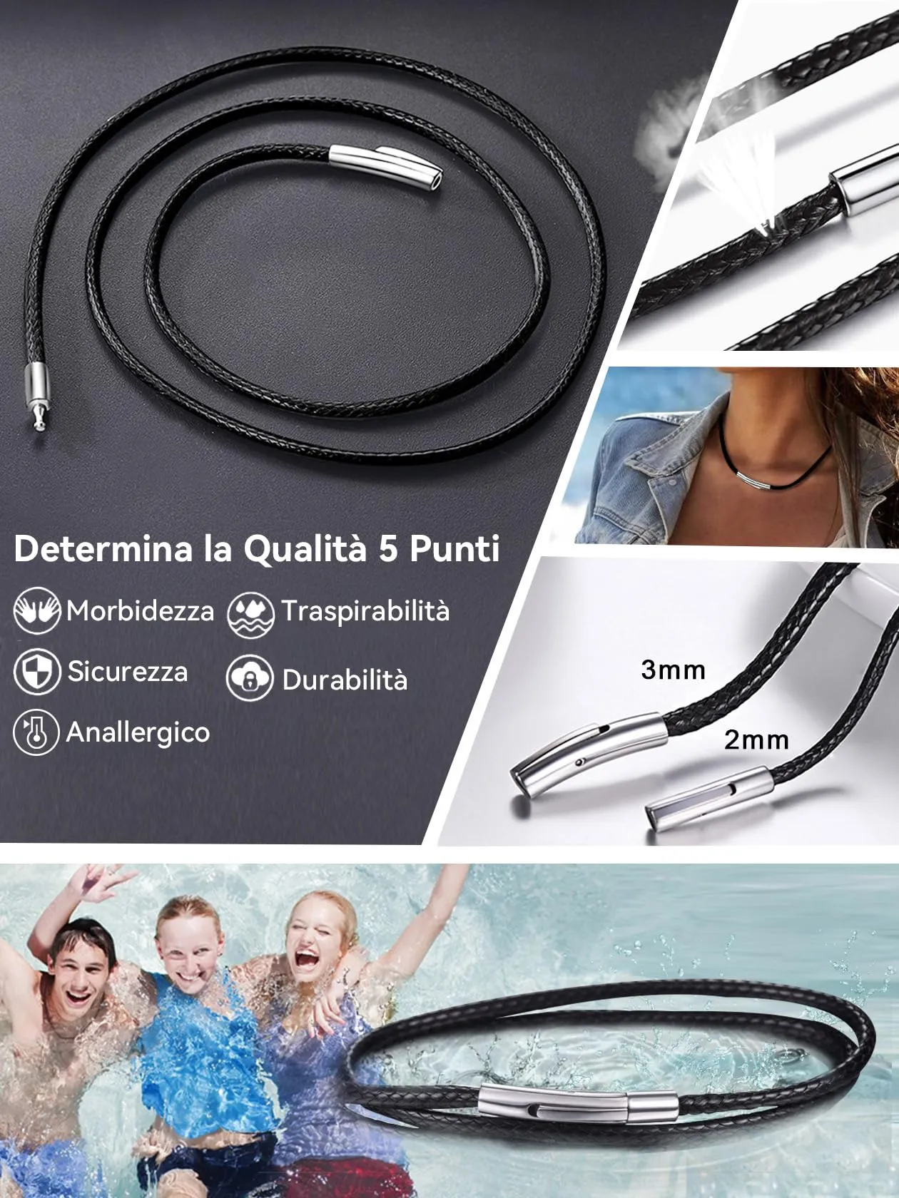ChainsHouse Collana Caucciù Uomo Cordino per Collane 3mm Nero 55cm - immagine 6
