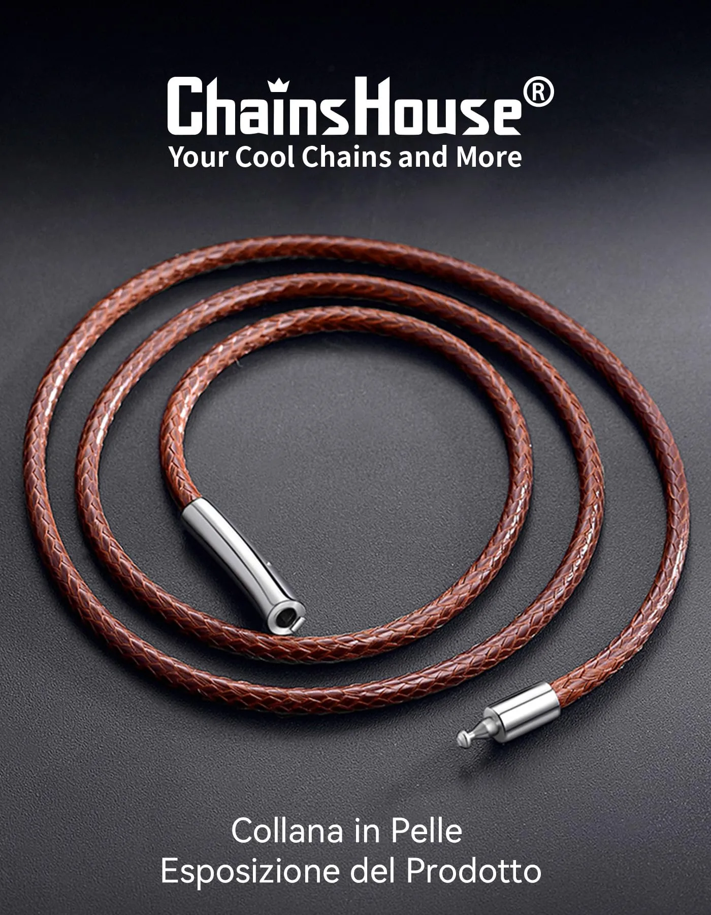 ChainsHouse Collana Caucciù Uomo Cordino per Collane 3mm Marrone 55cm - immagine 3