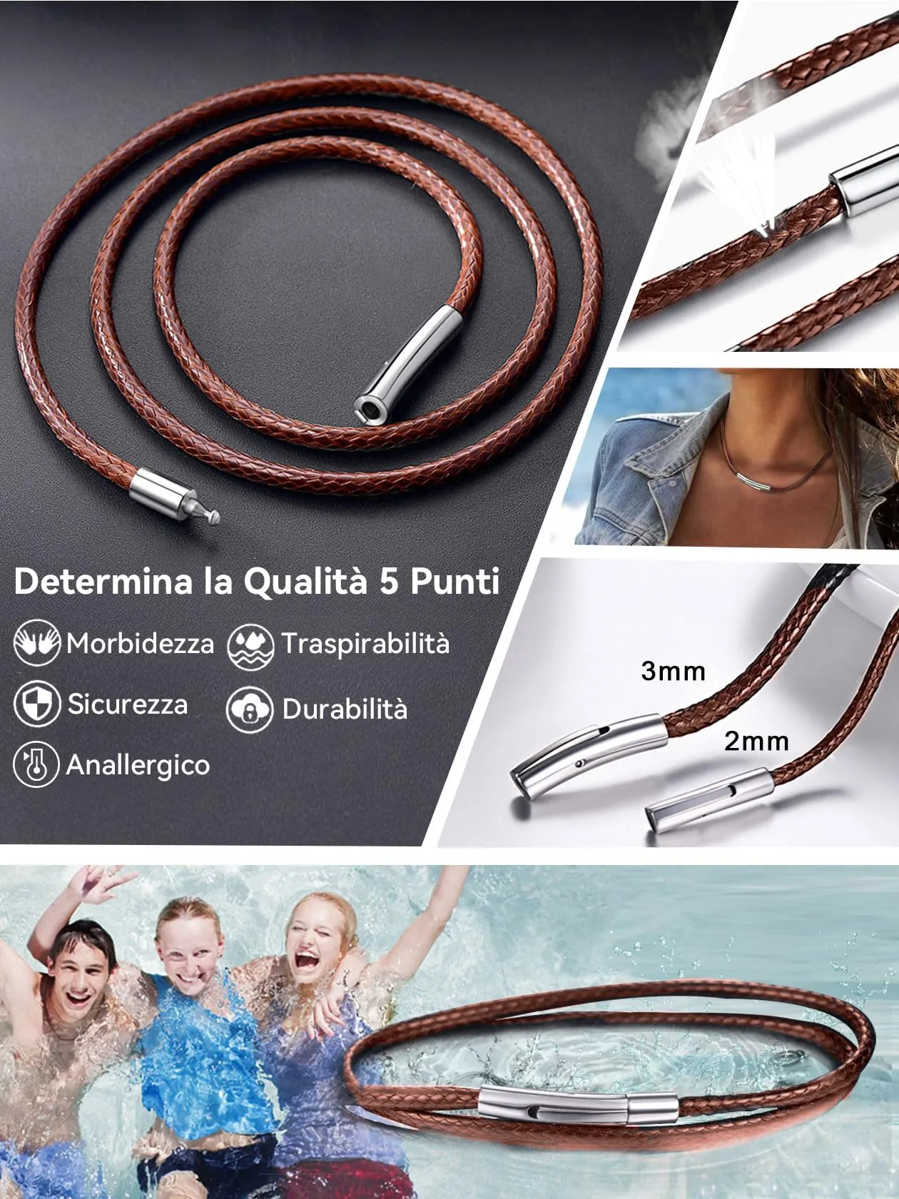 ChainsHouse Collana Caucciù Uomo Cordino per Collane 3mm Marrone 61cm - immagine 6