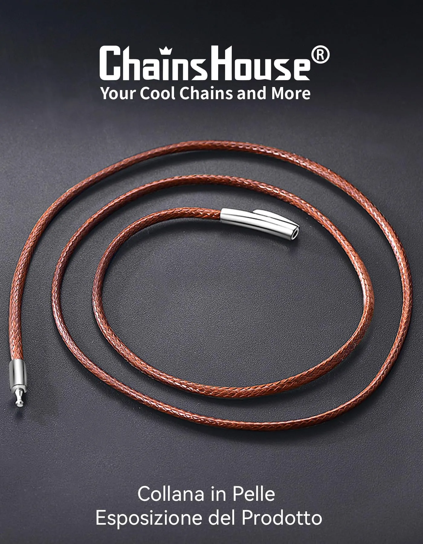 ChainsHouse Collana Caucciù Uomo Cordino per Collane 2mm Marrone 51cm - immagine 3