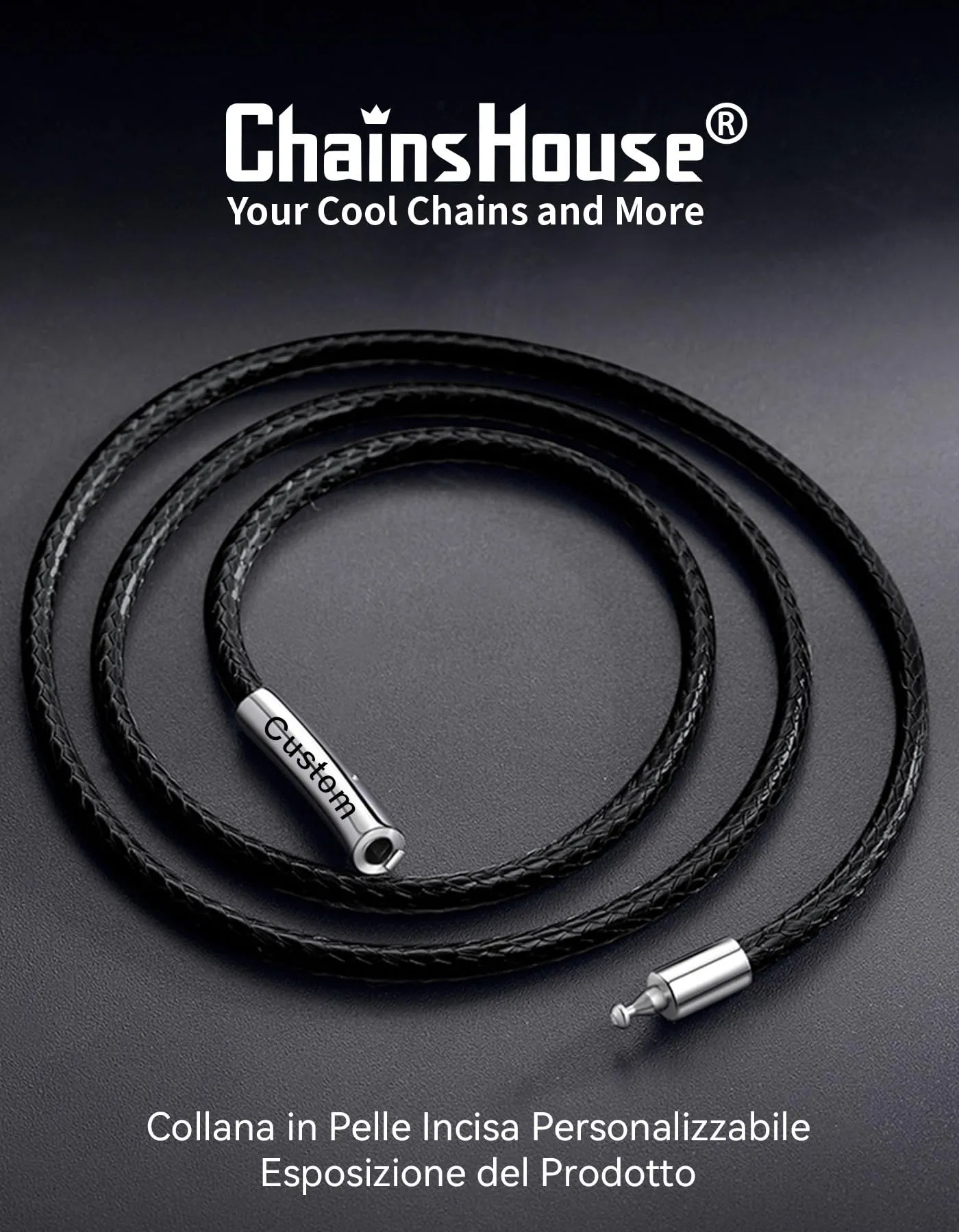 ChainsHouse Collana Caucciù Uomo con Incisione Cordino 3mm Nero 55cm - immagine 3