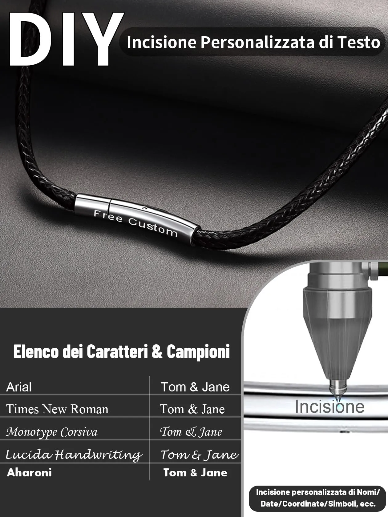 ChainsHouse Collana Caucciù Uomo con Incisione Cordino 2mm Nero 66cm - immagine 5