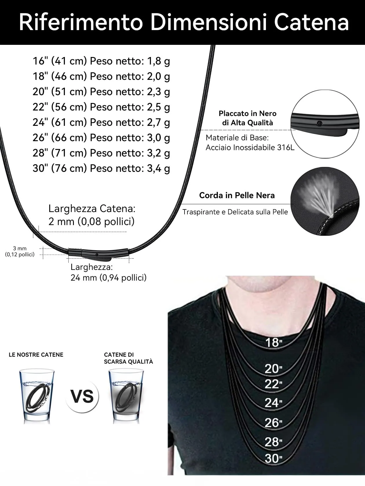 ChainsHouse Collana Caucciù Uomo con Incisione Cordino 2mm Nero 66cm - immagine 7