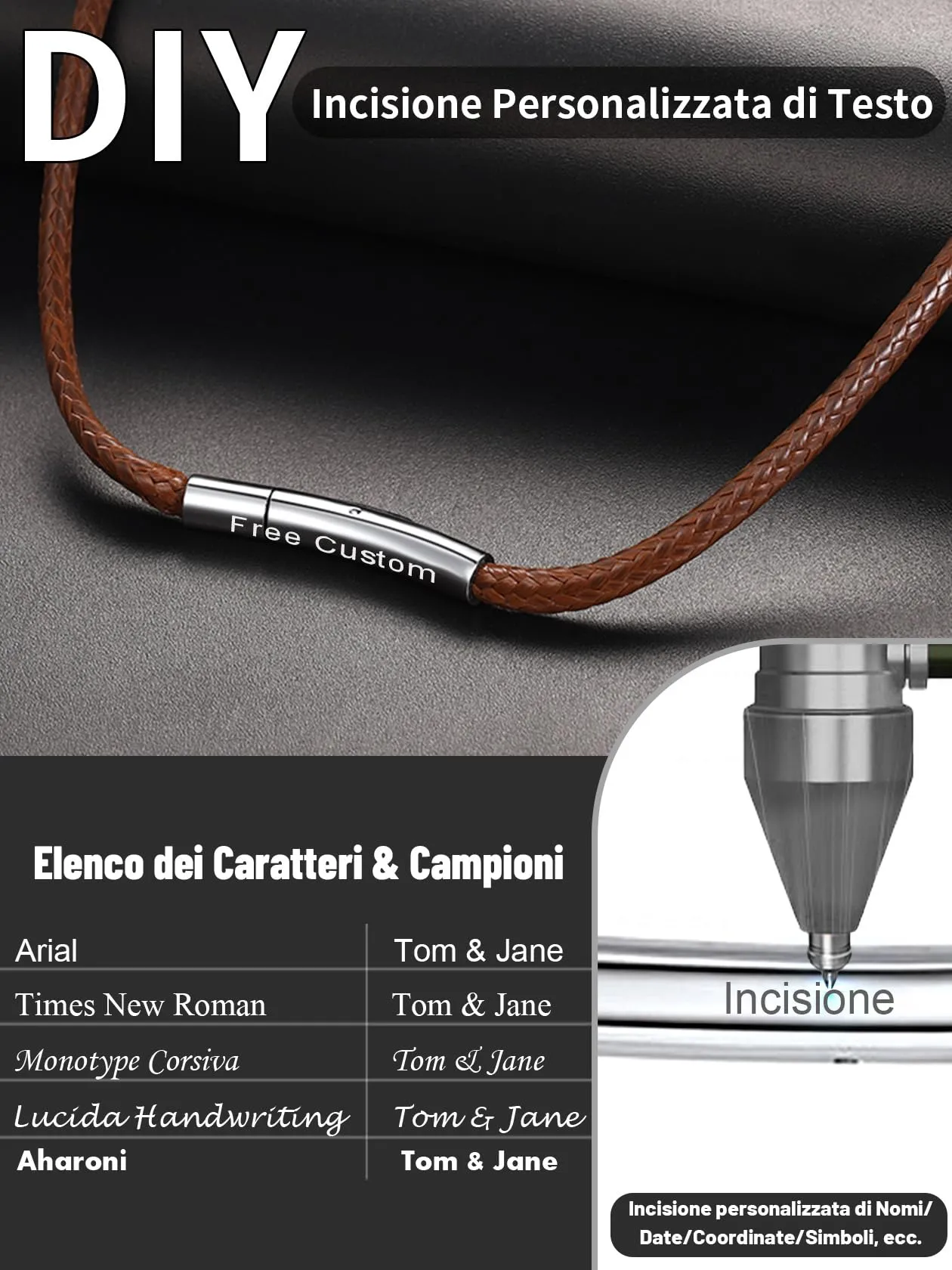 ChainsHouse Collana Caucciù Uomo con Incisione Cordino 2mm Marrone 76cm - immagine 5