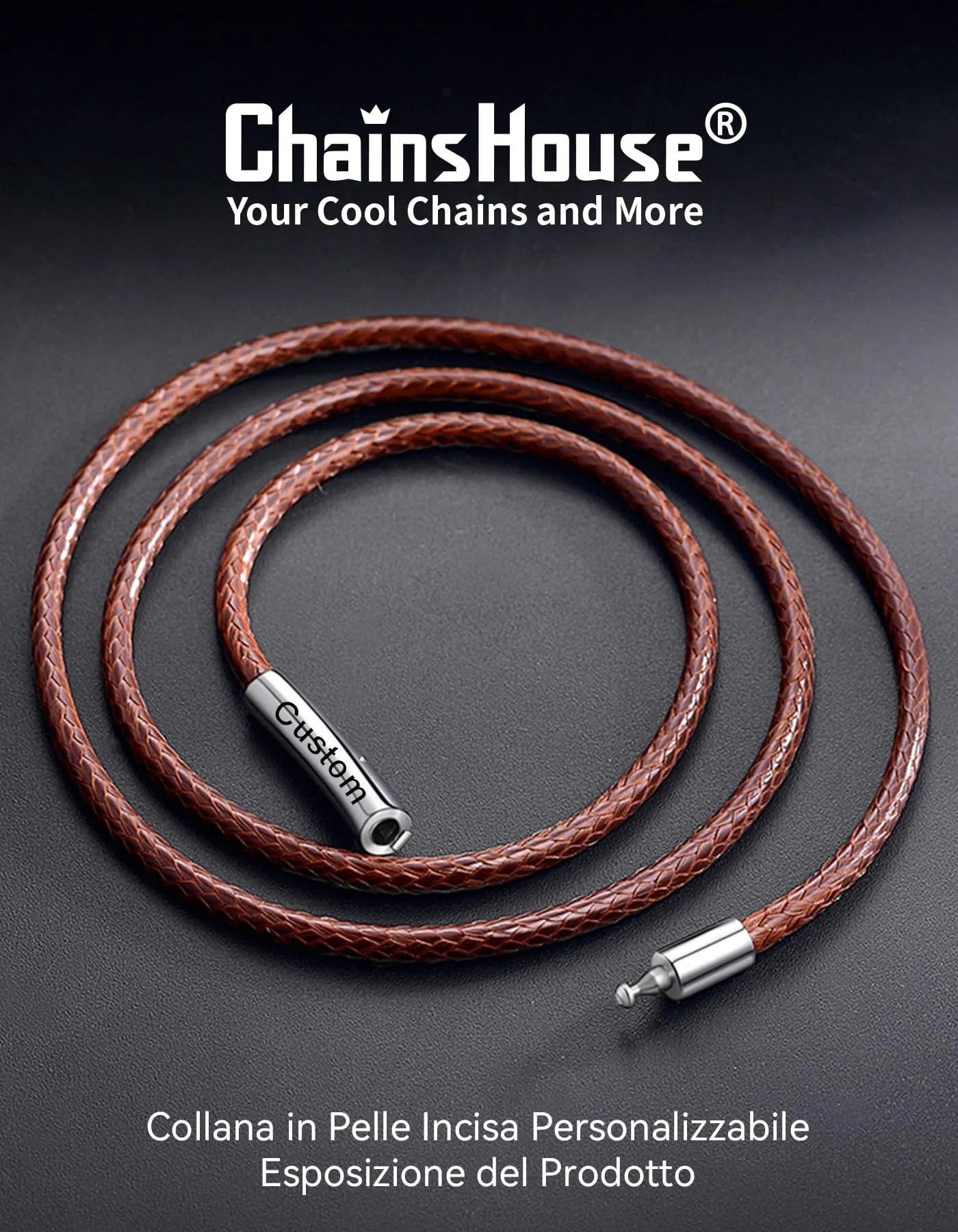 ChainsHouse Collana Caucciù Uomo con Incisione Cordino 3mm Marrone 71cm - immagine 3