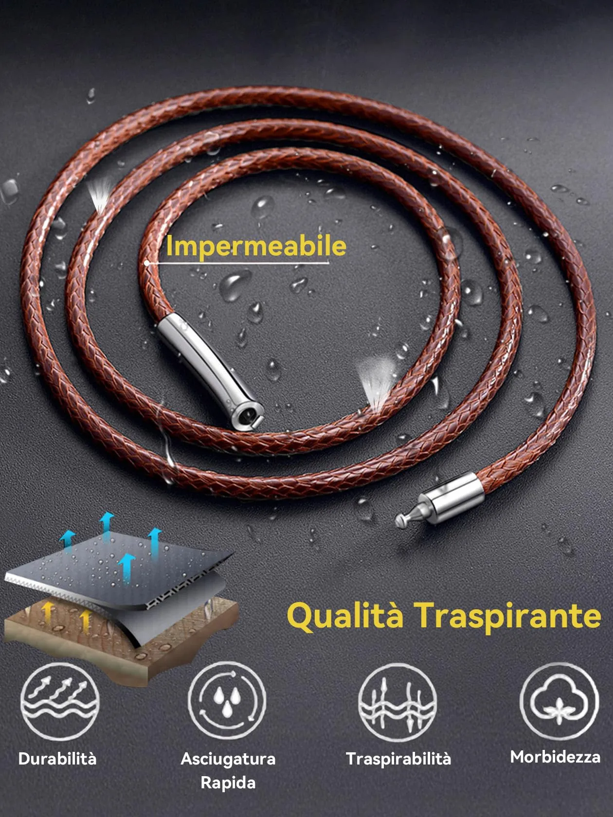 ChainsHouse, Collana in pelle a corda intrecciata con chiusura in acciaio inox 316 da 2/3mm, impermeabile, colori: nero, marrone e rosso, adatta a uomini e donne, Pelle - immagine 6