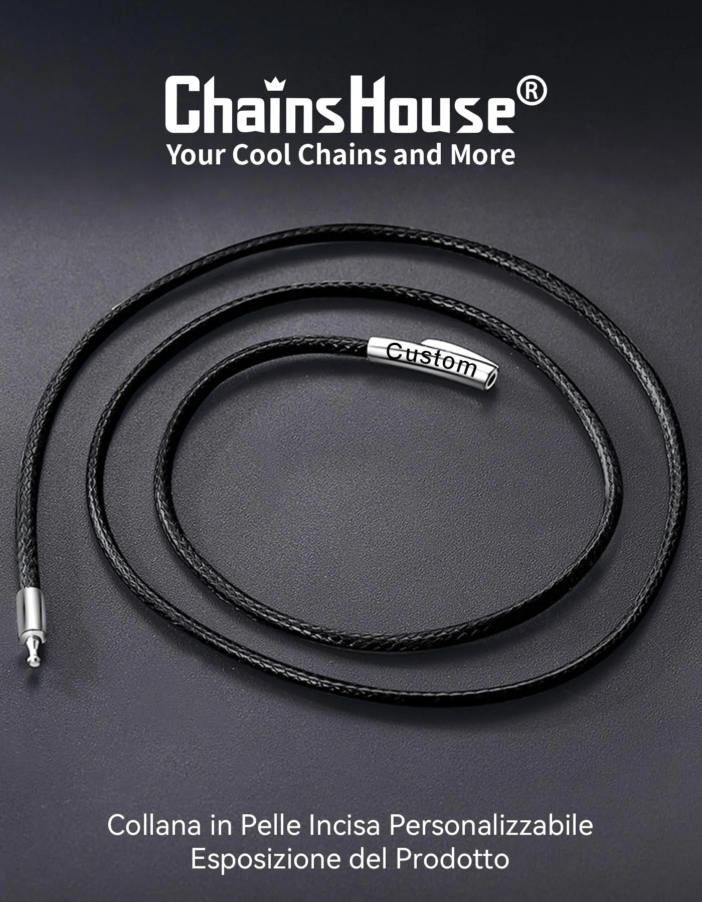 ChainsHouse Collana Caucciù Uomo con Incisione Cordino 2mm Nero 55cm - immagine 3