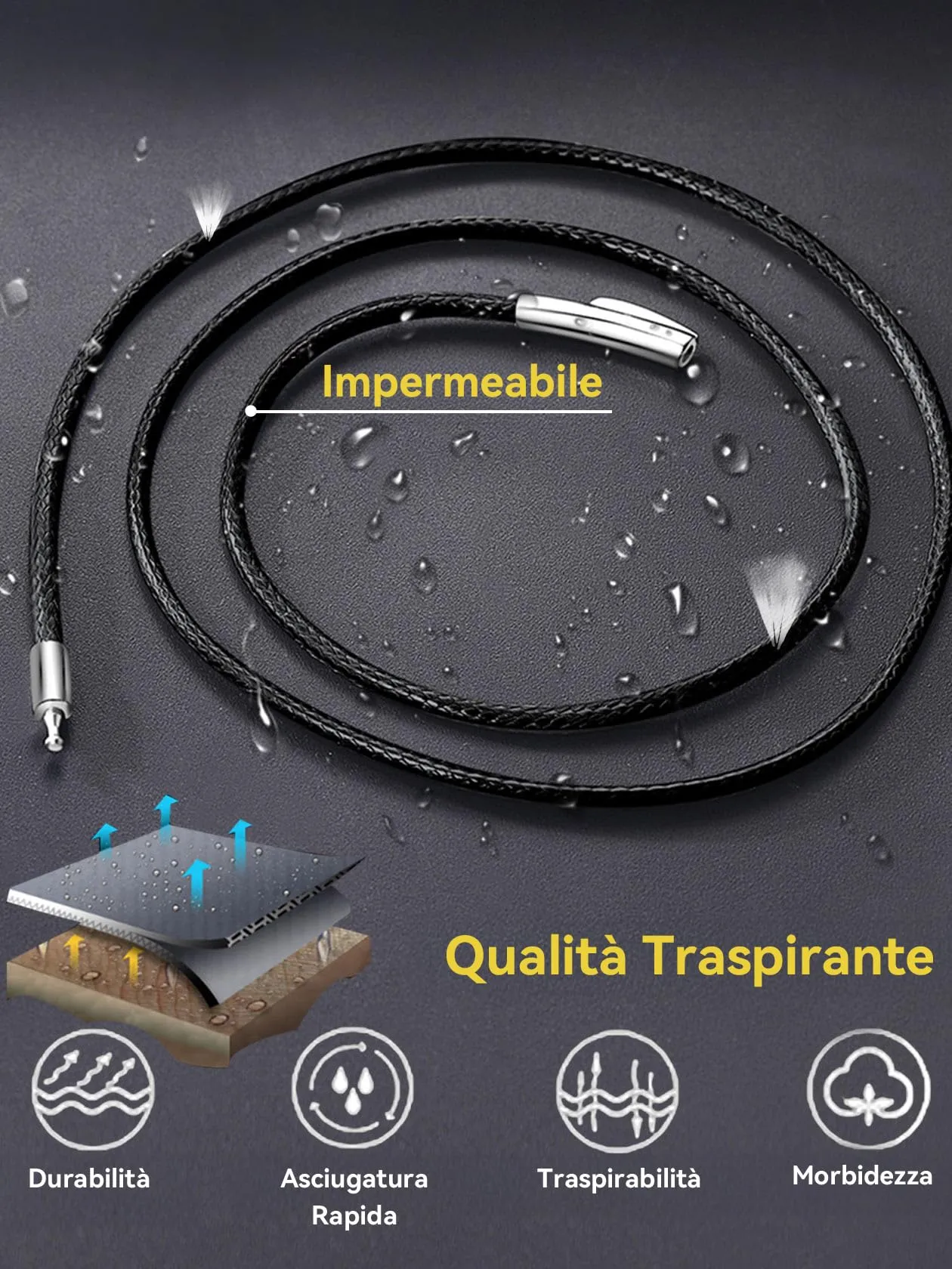 ChainsHouse Collana Caucciù Uomo con Incisione Cordino 2mm Nero 55cm - immagine 6