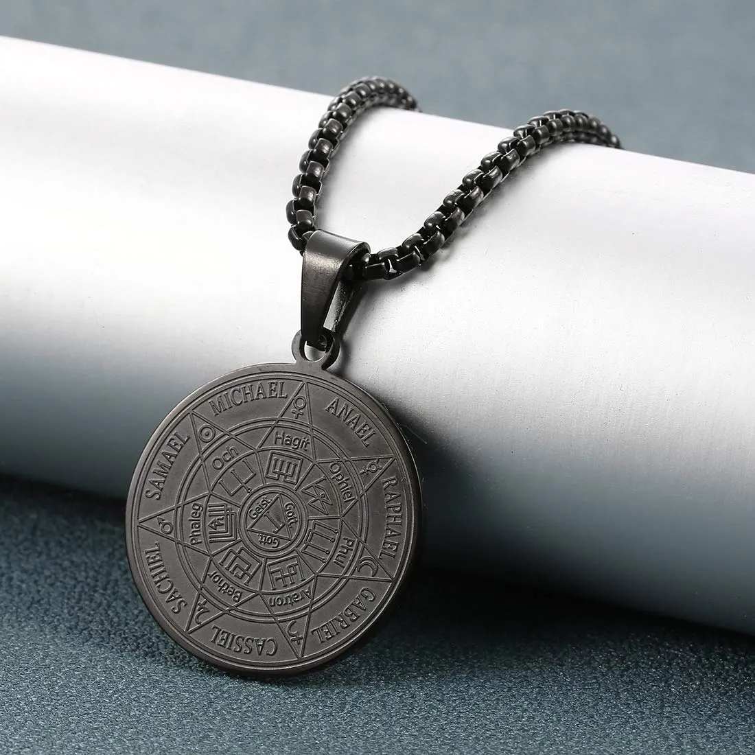 AFSTALR 7 Arcangeli Sigillo Medaglia Talismano Collana per Uomo Donna Salomone Pentagramma Talismano Magia Protezione Amuleto B-nero - immagine 2