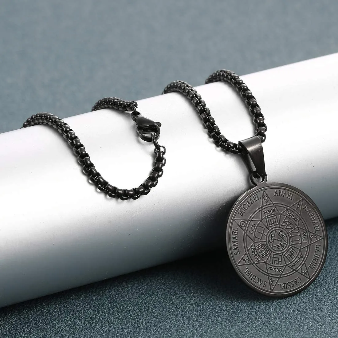 AFSTALR 7 Arcangeli Sigillo Medaglia Talismano Collana per Uomo Donna Salomone Pentagramma Talismano Magia Protezione Amuleto B-nero - immagine 3