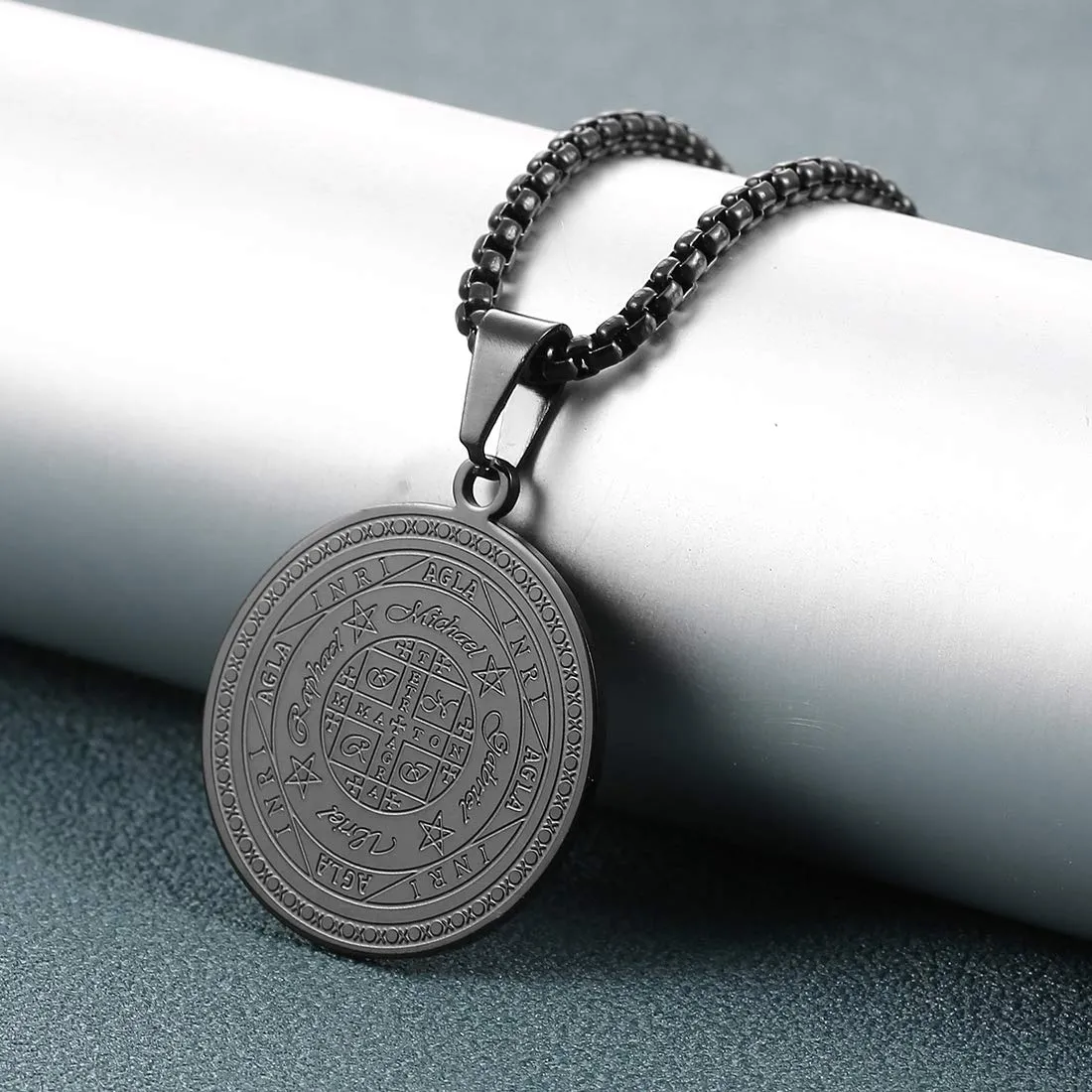 AFSTALR 7 Arcangeli Sigillo Medaglia Talismano Collana per Uomo Donna Salomone Pentagramma Talismano Magia Protezione Amuleto D-nero - immagine 2
