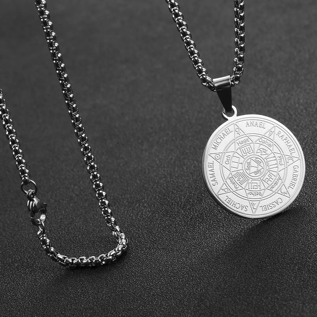 AFSTALR 7 Arcangeli Sigillo Medaglia Talismano Collana per Uomo Donna Salomone Pentagramma Talismano Magia Protezione Amuleto B-argento - immagine 4