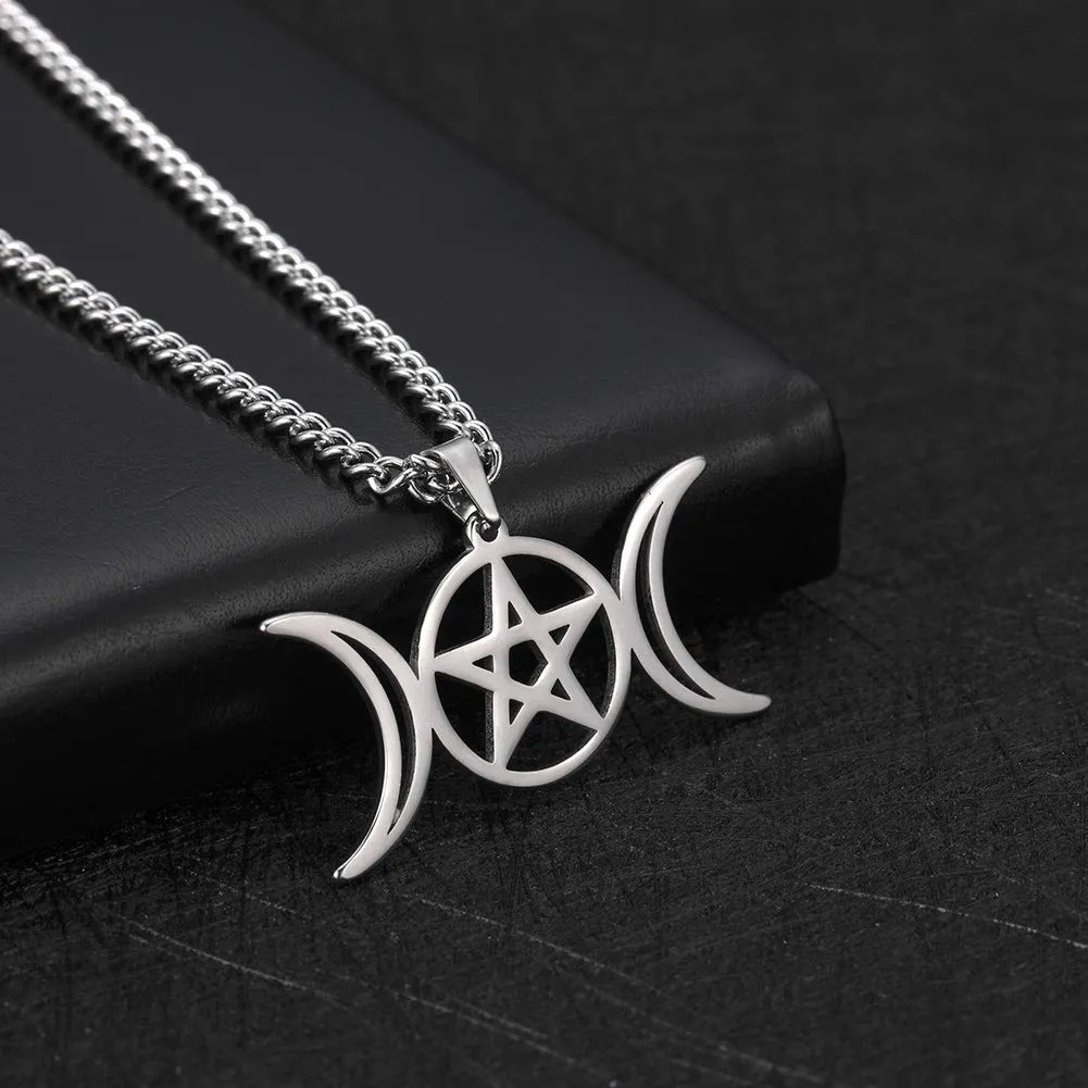 VASSAGO Collana Tripla Luna Dea Wicca Pentagramma Collana Amuleto Gioielli in Acciaio Inossidabile - immagine 3