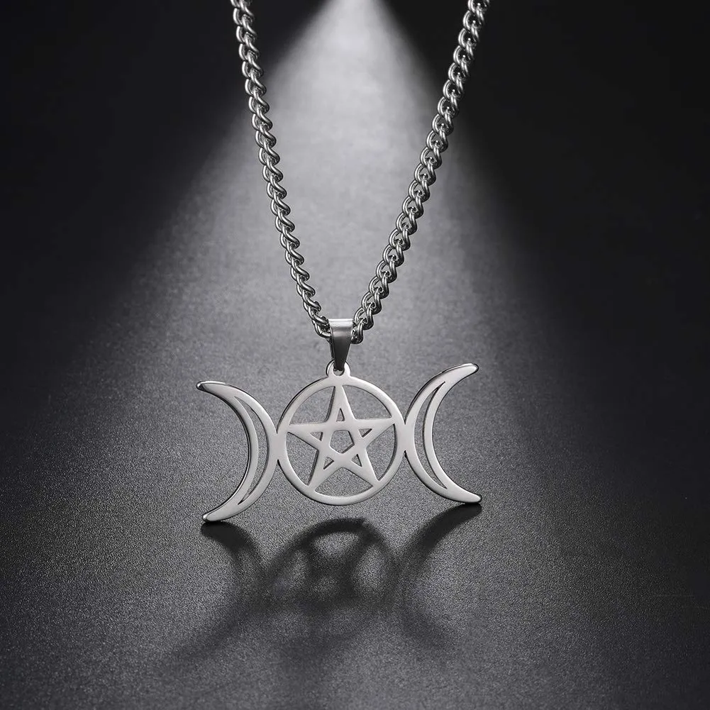 VASSAGO Collana Tripla Luna Dea Wicca Pentagramma Collana Amuleto Gioielli in Acciaio Inossidabile - immagine 5