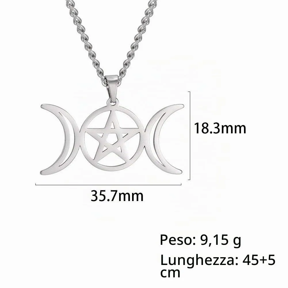 VASSAGO Collana Tripla Luna Dea Wicca Pentagramma Collana Amuleto Gioielli in Acciaio Inossidabile - immagine 6