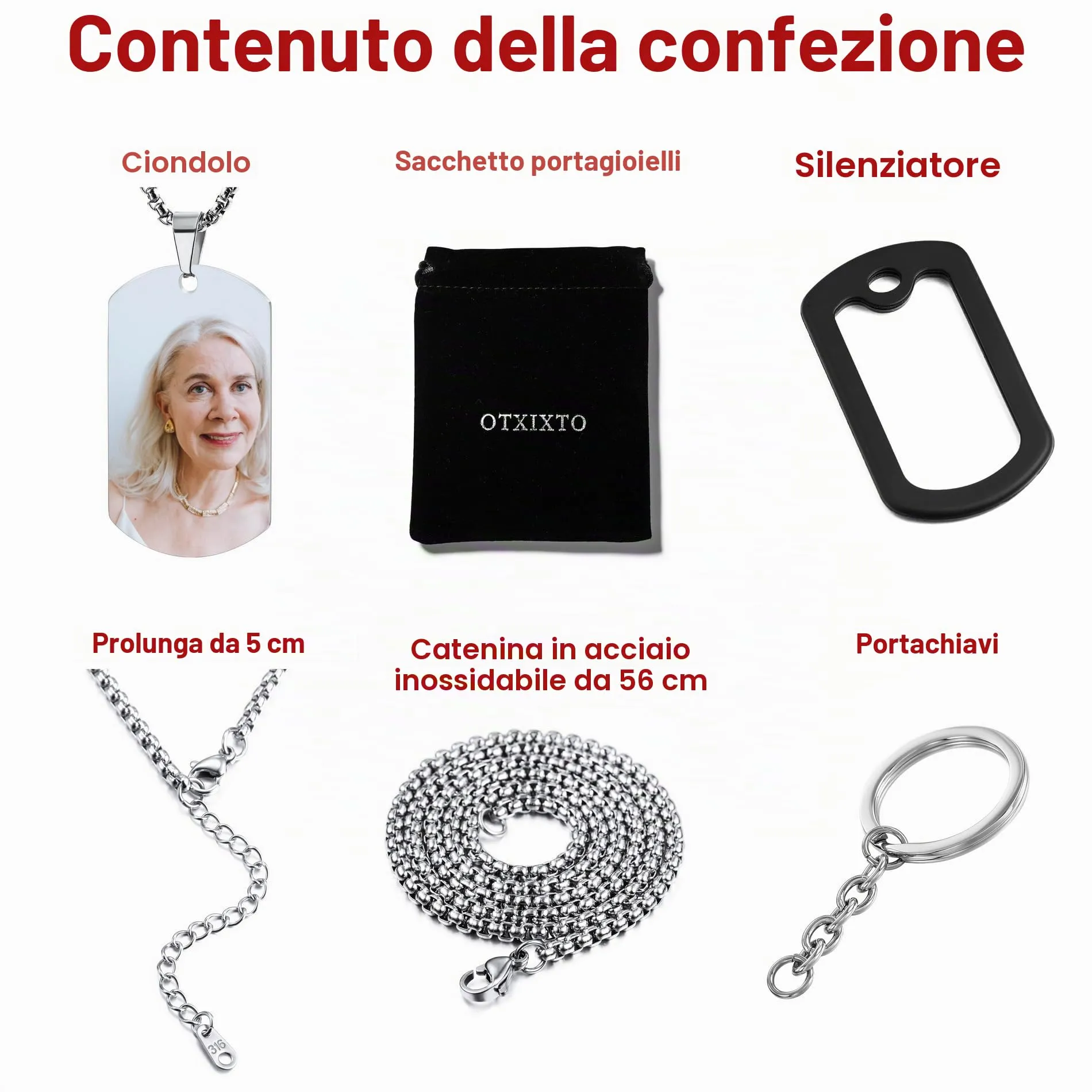 OTXIXTO Collana con Ciondolo con Piastrina per Cani Personalizzata con Incisione di Testo/Immagine Colorata/in Bianco e Nero per Gioielli in Acciaio Inossidabile da Uomo e Donna, con Portachiavi - immagine 5