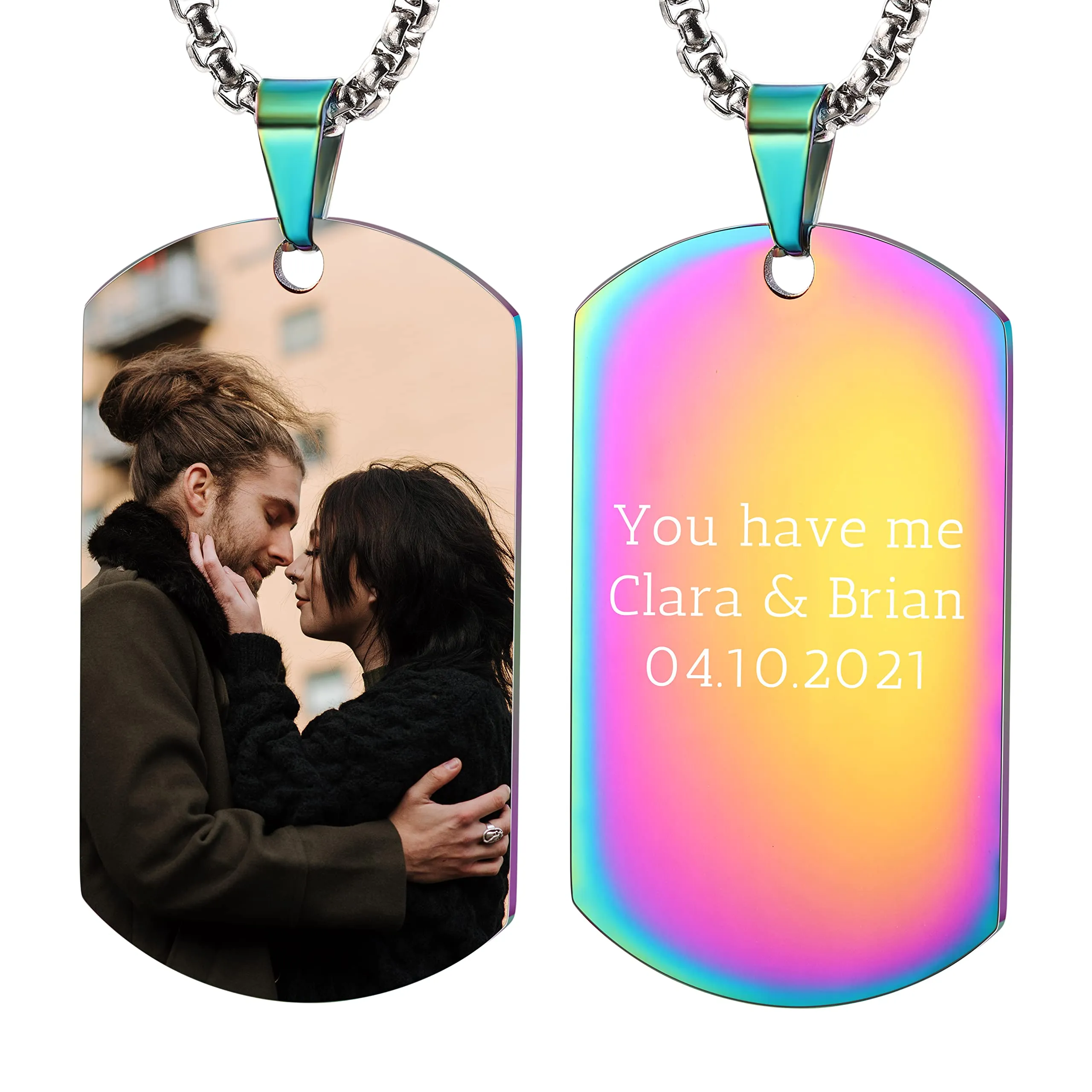 OTXIXTO Collana con Ciondolo con Piastrina per Cani Personalizzata con Incisione di Testo/Immagine Colorata/in Bianco e Nero per Gioielli in Acciaio Inossidabile da Uomo e Donna, con Portachiavi - immagine 1