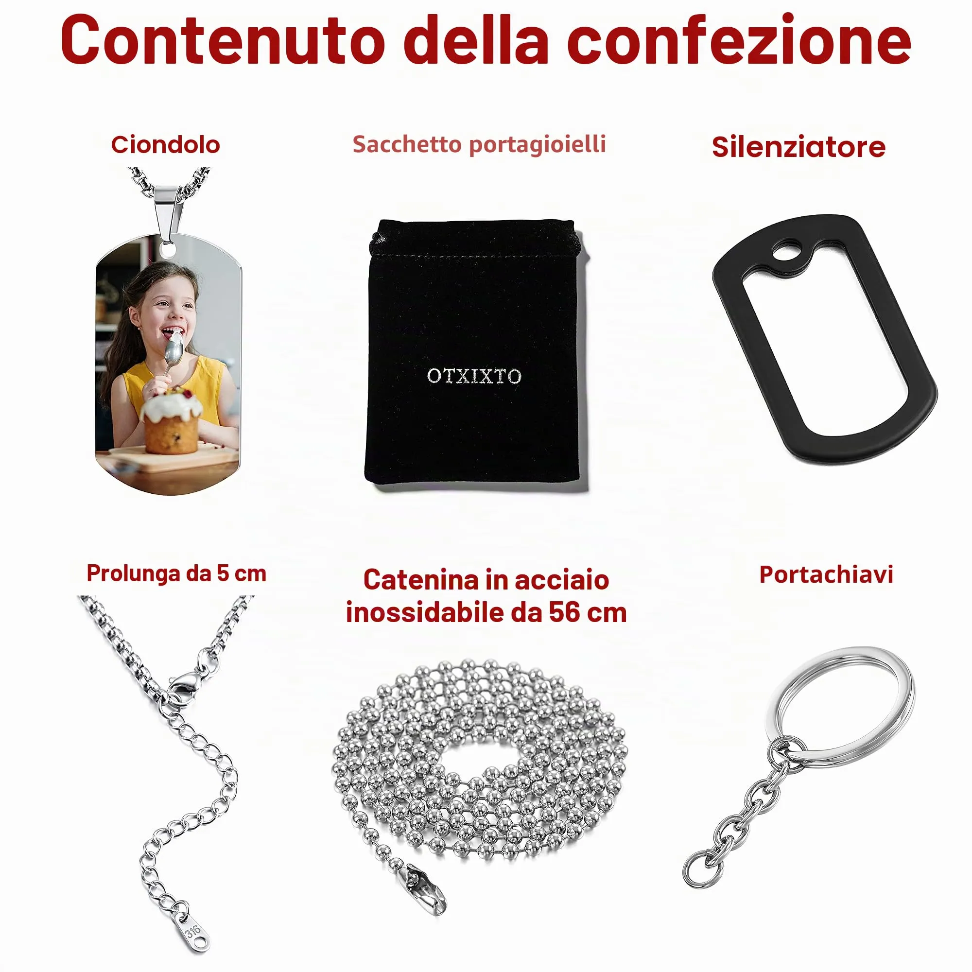 OTXIXTO Collana con Ciondolo con Piastrina per Cani Personalizzata con Incisione di Testo/Immagine Colorata/in Bianco e Nero per Gioielli in Acciaio Inossidabile da Uomo e Donna, con Portachiavi - immagine 5