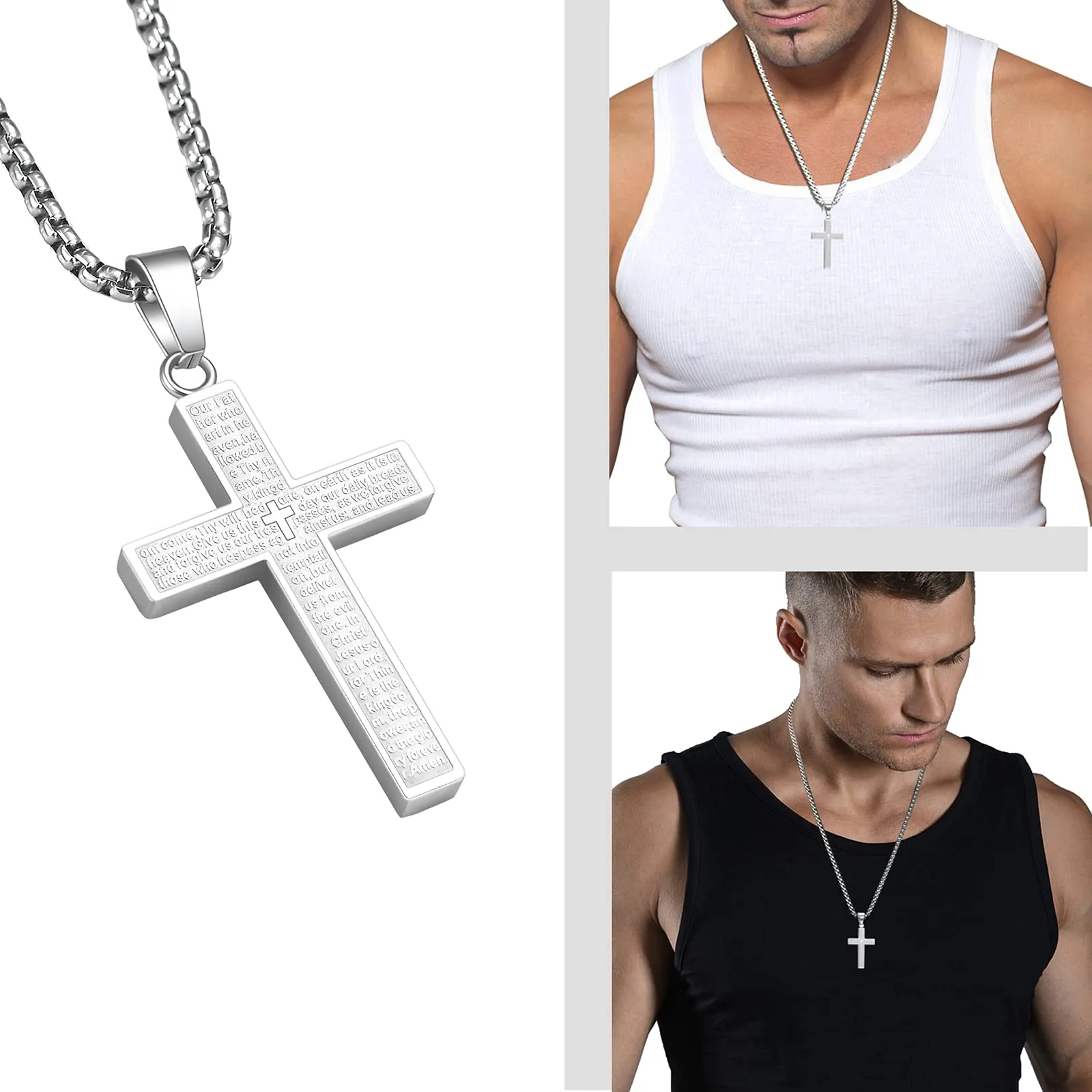 MERTTURM Crocifisso Collana Uomo, Acciaio Inossidabile con Collana Uomo Pendente Croce Singolo, Regali per Gioielli Cristiani, Argento Nero(Resistente allo Sbiadimento e al Sudore) - immagine 2