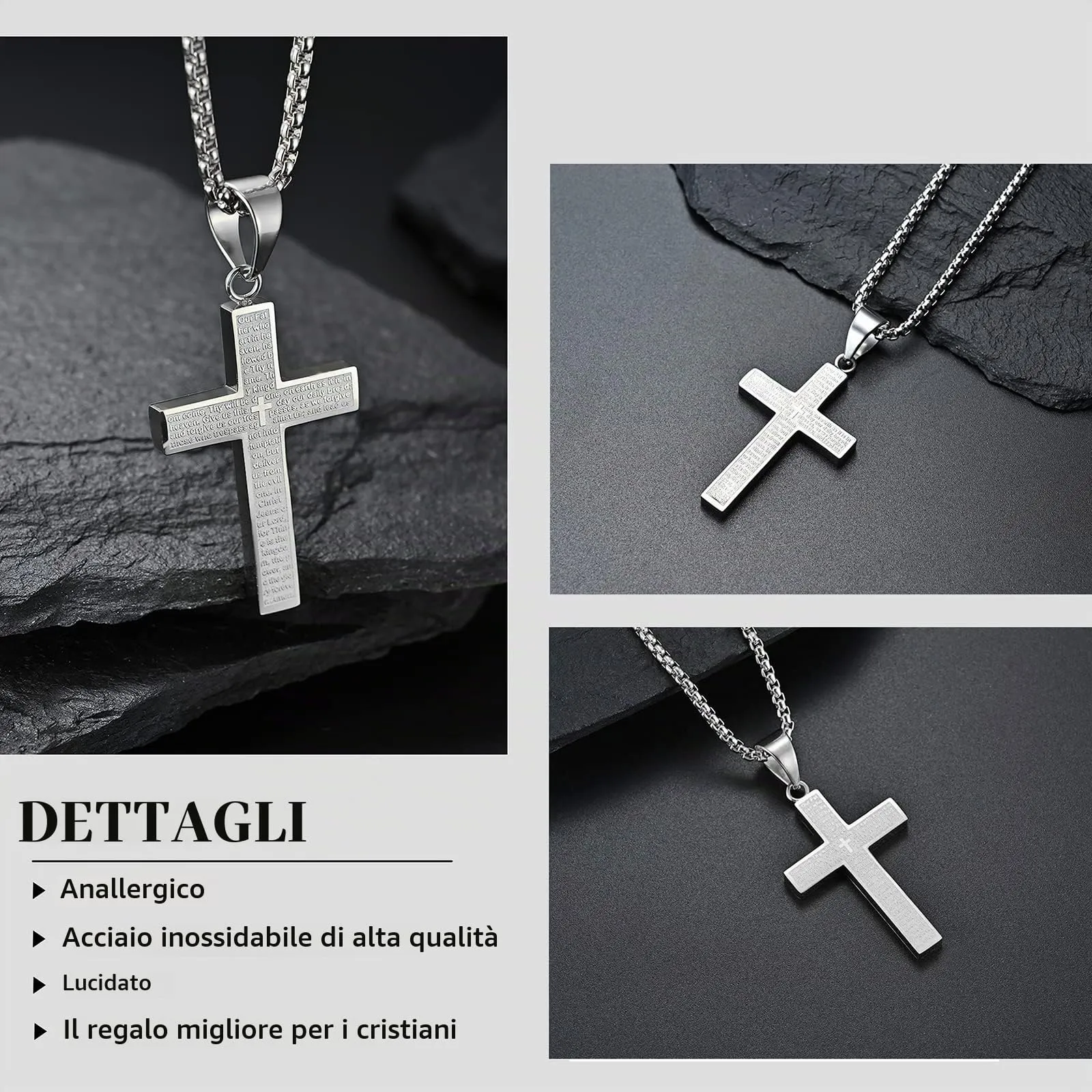 MERTTURM Crocifisso Collana Uomo, Acciaio Inossidabile con Collana Uomo Pendente Croce Singolo, Regali per Gioielli Cristiani, Argento Nero(Resistente allo Sbiadimento e al Sudore) - immagine 3