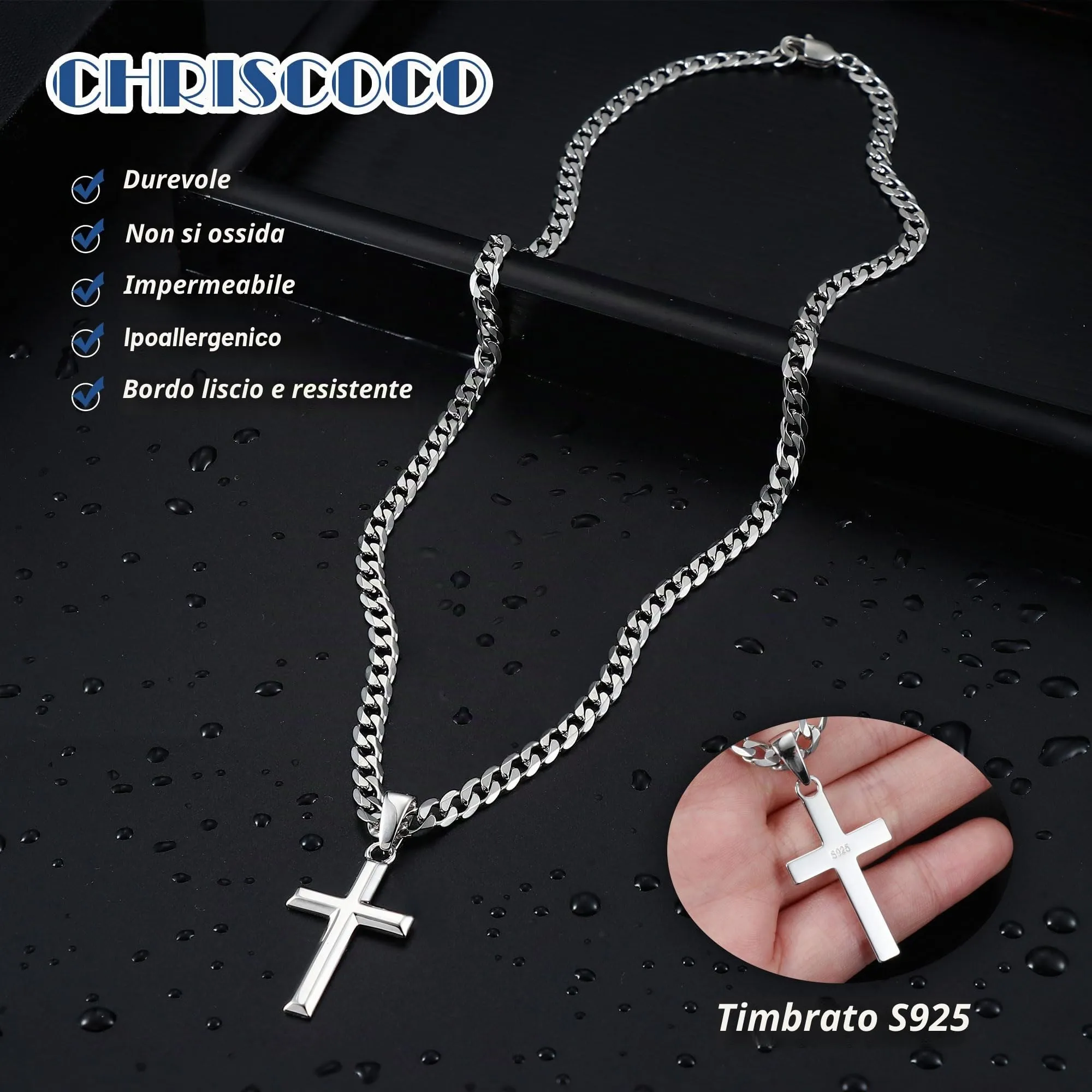 Chriscoco Collana Croce Uomo con Ciondolo in Argento 925 e Collana Acciaio - immagine 4