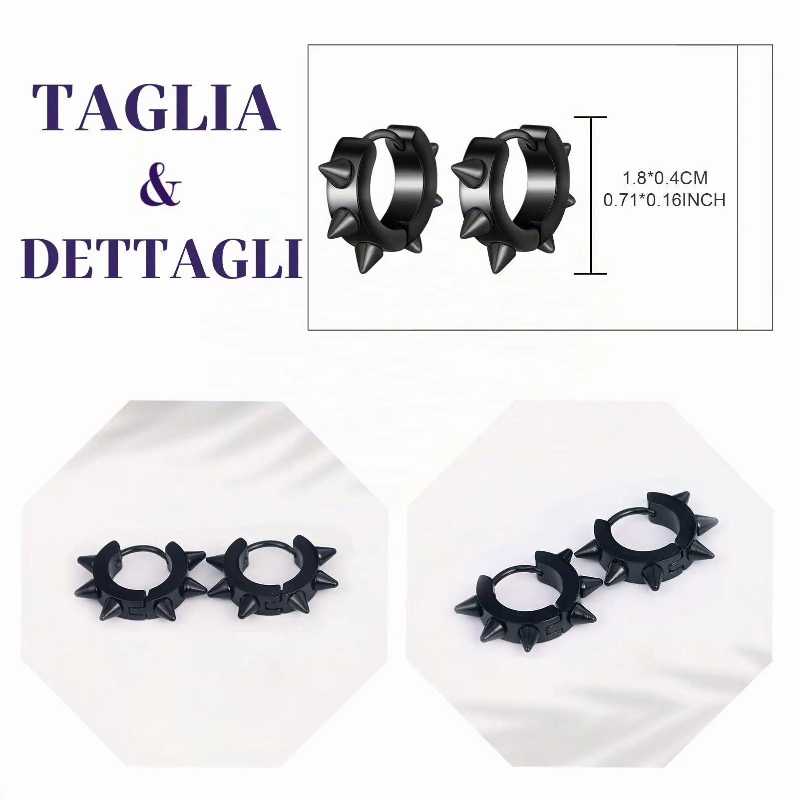 feilok Mens Orecchini Stud per Uomini Donne Cartilage Sleeper Orecchini Piercing Spike nero - immagine 2