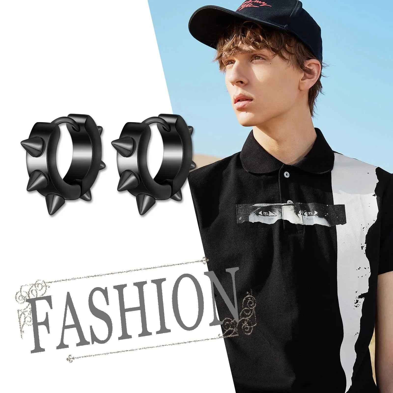 feilok Mens Orecchini Stud per Uomini Donne Cartilage Sleeper Orecchini Piercing Spike nero - immagine 5
