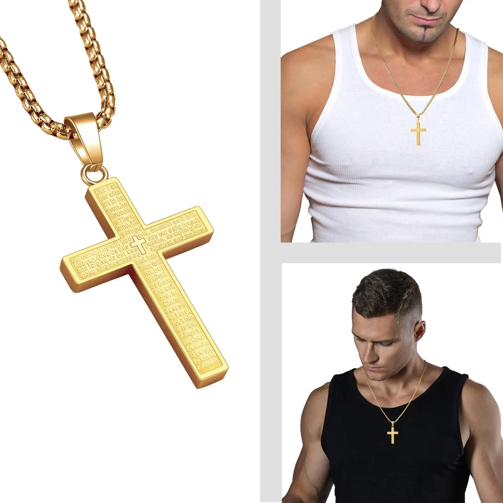 MERTTURM Collana a forma di croce da uomo, gioielli in acciaio inossidabile, ciondolo a forma di croce con catena da 60 cm, colore nero, argento, oro, non sbiadisce e resiste al sudore - immagine 2