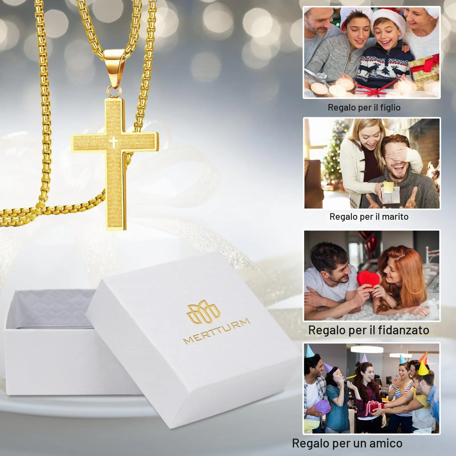 MERTTURM Collana a forma di croce da uomo, gioielli in acciaio inossidabile, ciondolo a forma di croce con catena da 60 cm, colore nero, argento, oro, non sbiadisce e resiste al sudore - immagine 6
