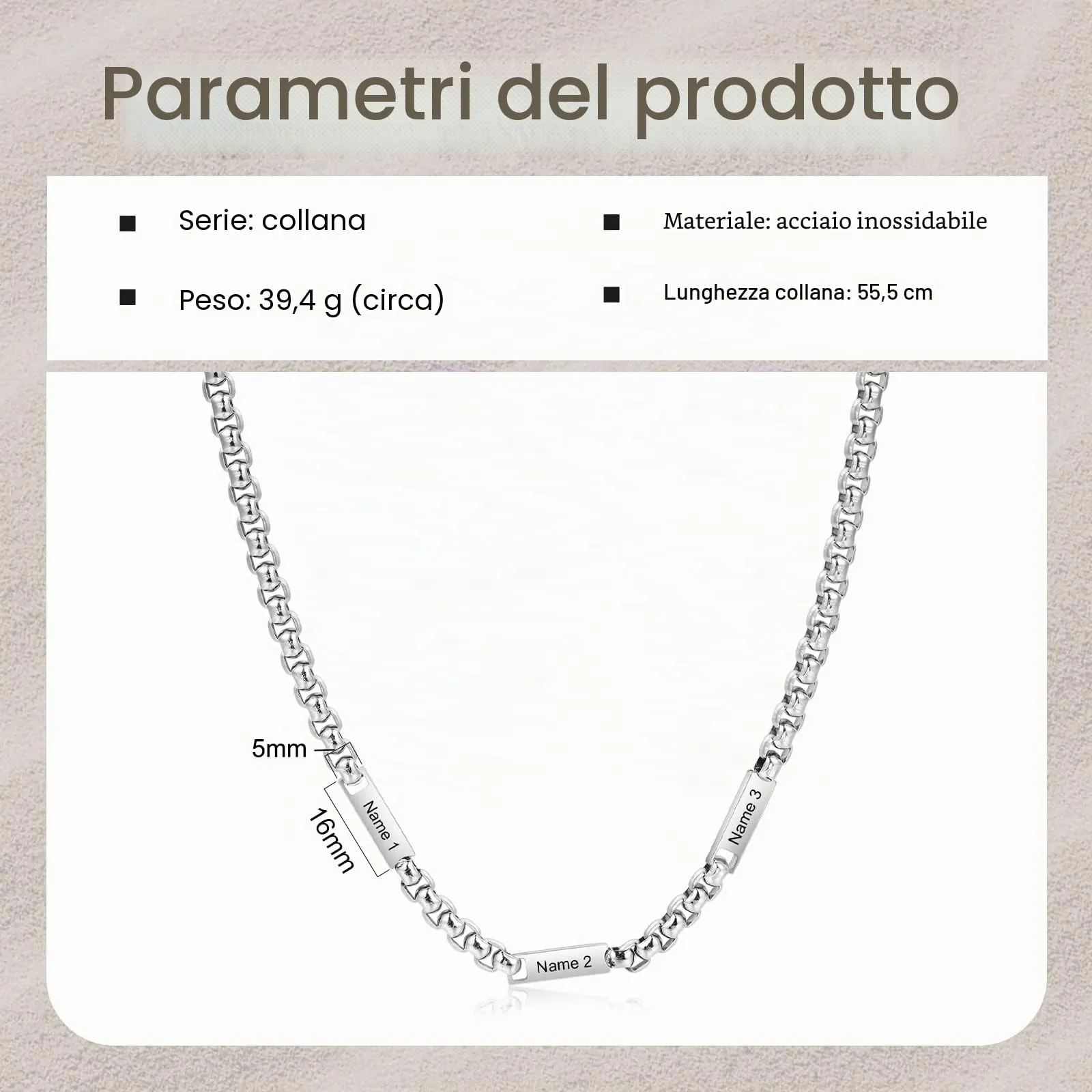 ALBERTBAND Collana da Uomo Personalizzata Collana in Acciaio inox con Nome Regalo per Uomo Festa del papà San Valentino Natale (Argento-3 nome) - immagine 2
