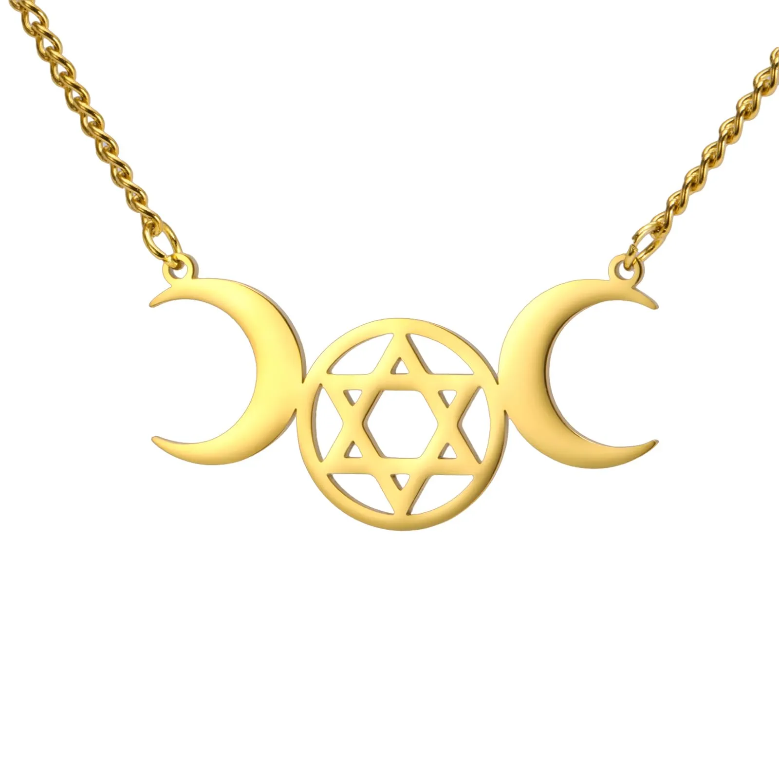 VASSAGO Collana Tripla Luna Dea Wicca Pentagramma Collana Amuleto Gioielli in Acciaio Inossidabile (Gold Moon Hexagram Necklace) - immagine 1