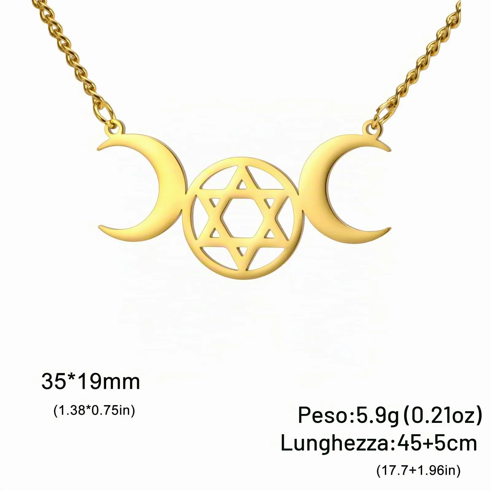 VASSAGO Collana Tripla Luna Dea Wicca Pentagramma Collana Amuleto Gioielli in Acciaio Inossidabile (Gold Moon Hexagram Necklace) - immagine 6