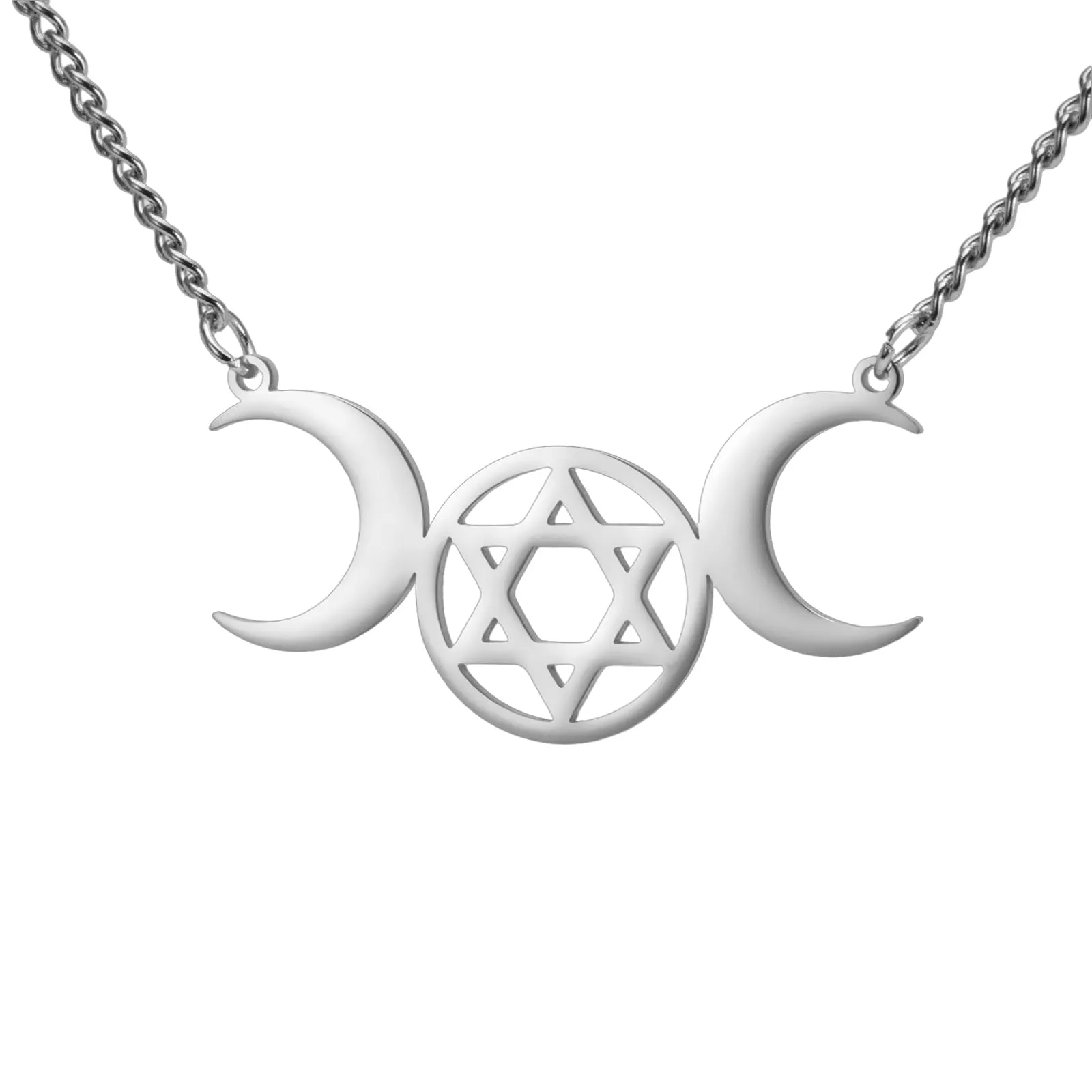 VASSAGO Collana Tripla Luna Dea Wicca Pentagramma Collana Amuleto Gioielli in Acciaio Inossidabile (Silver Moon Hexagram Necklace) - immagine 1