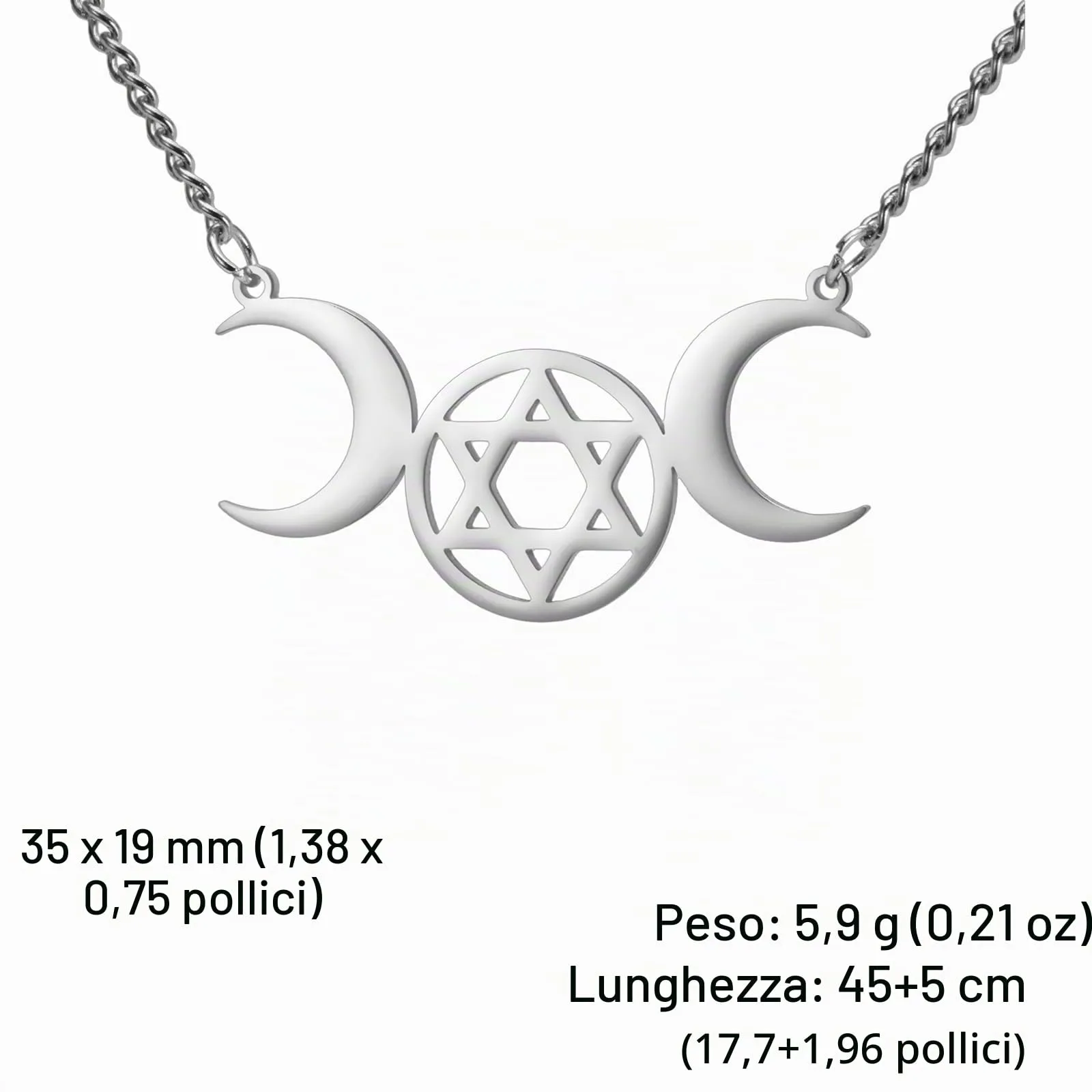 VASSAGO Collana Tripla Luna Dea Wicca Pentagramma Collana Amuleto Gioielli in Acciaio Inossidabile (Silver Moon Hexagram Necklace) - immagine 6