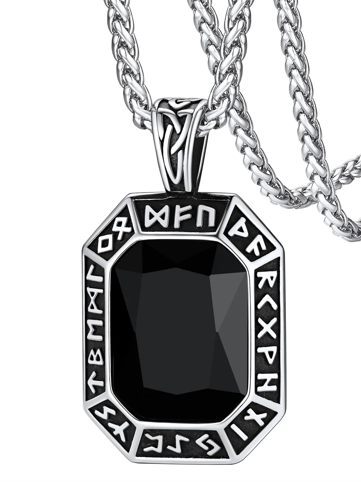 FaithHeart Collana Uomo Vichingo Pendentivo in Ottagono Cristallo Rosso Smeraldo Ossidiana con Rune Vichinghe Accessorio Moda Unico Perfetto per Regalo Stile Personale - immagine 1