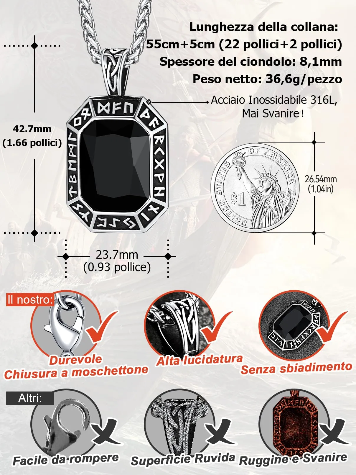 FaithHeart Collana Uomo Vichingo Pendentivo in Ottagono Cristallo Rosso Smeraldo Ossidiana con Rune Vichinghe Accessorio Moda Unico Perfetto per Regalo Stile Personale - immagine 3