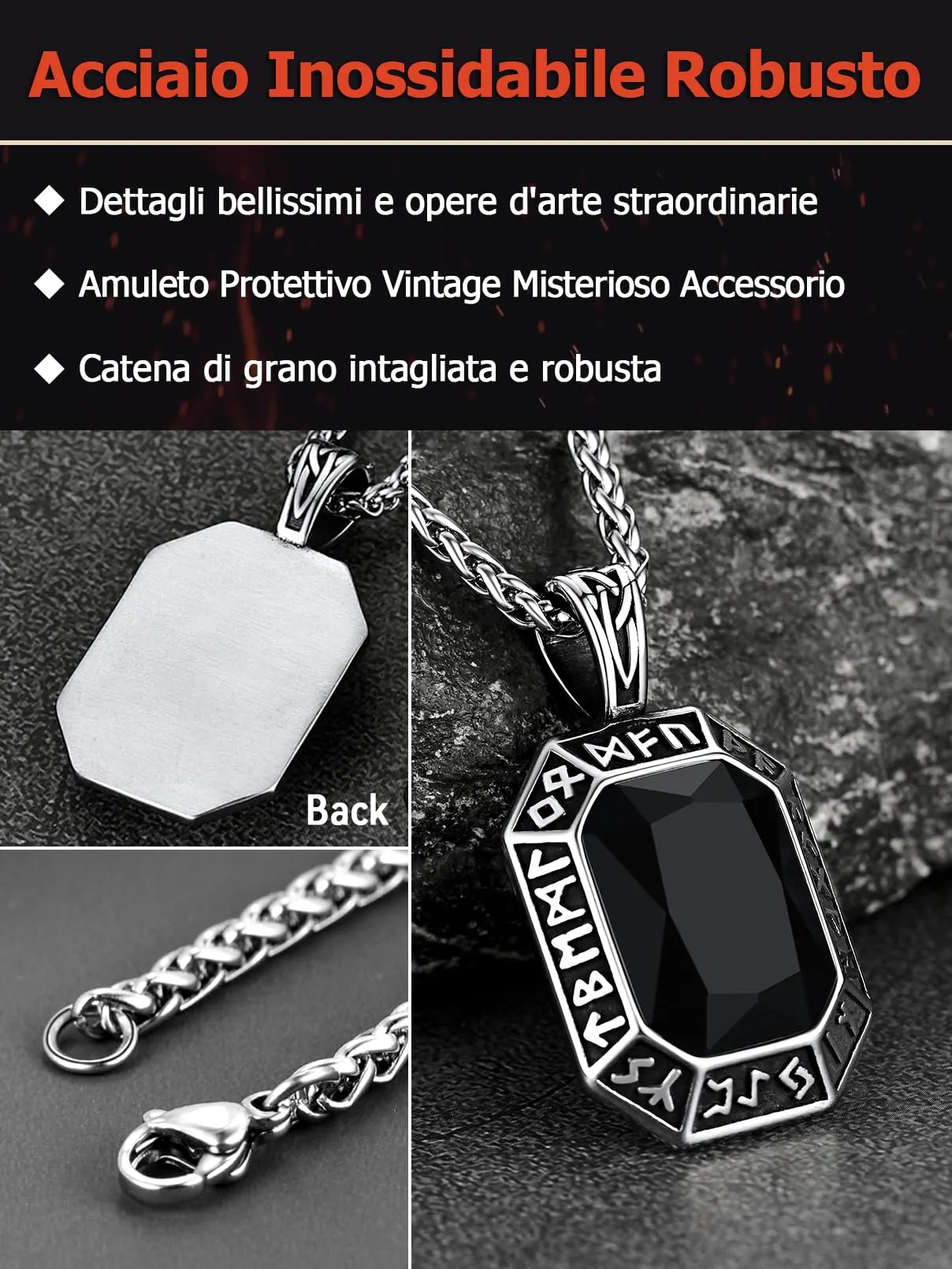 FaithHeart Collana Uomo Vichingo Pendentivo in Ottagono Cristallo Rosso Smeraldo Ossidiana con Rune Vichinghe Accessorio Moda Unico Perfetto per Regalo Stile Personale - immagine 4