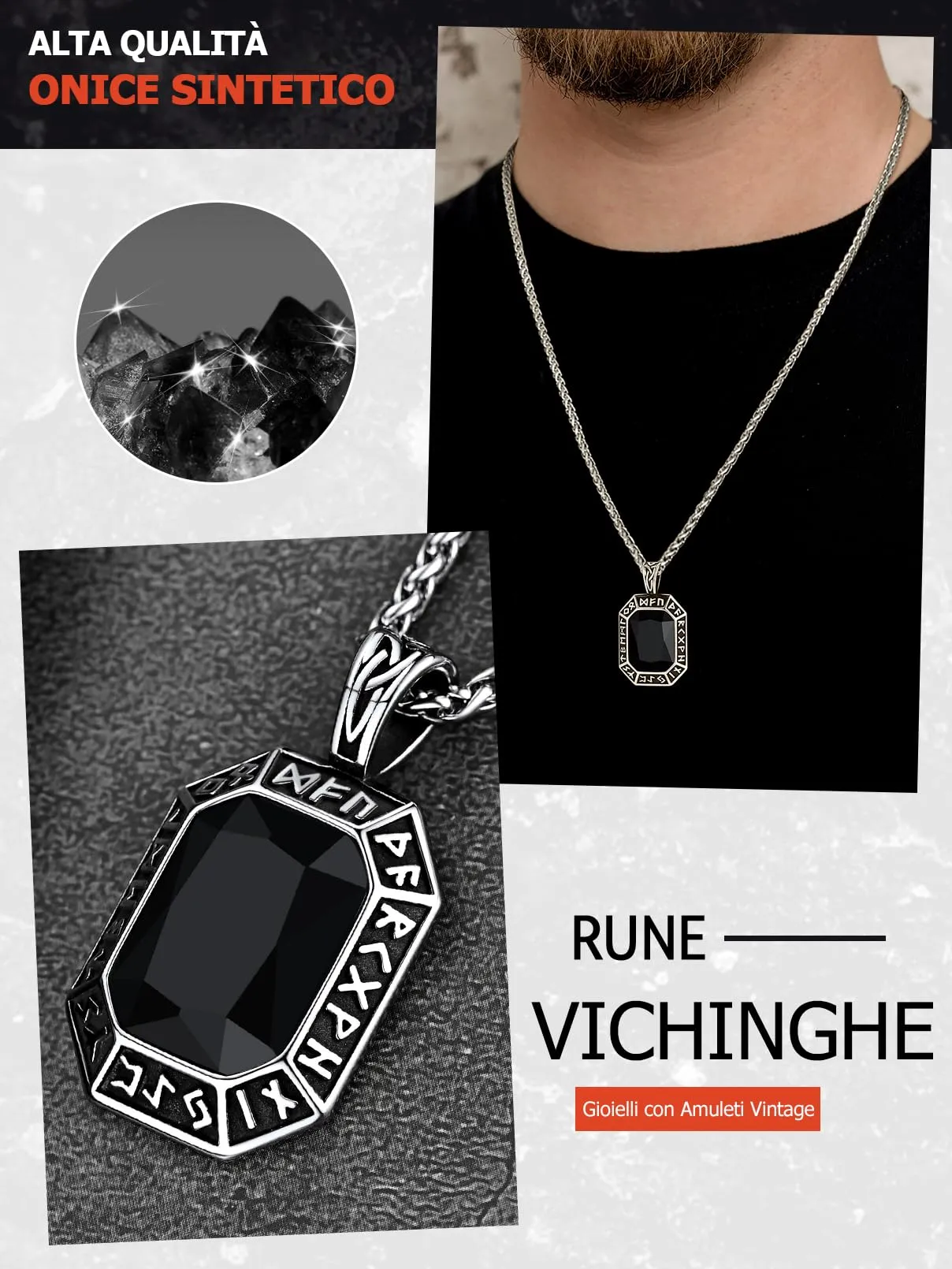 FaithHeart Collana Uomo Vichingo Pendentivo in Ottagono Cristallo Rosso Smeraldo Ossidiana con Rune Vichinghe Accessorio Moda Unico Perfetto per Regalo Stile Personale - immagine 5