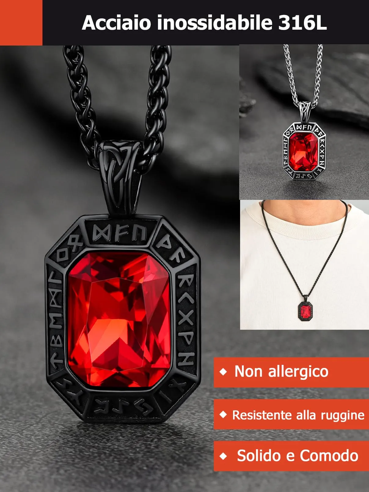 FaithHeart Collana Uomo Vichingo Pendentivo in Ottagono Cristallo Rosso Smeraldo Ossidiana con Rune Vichinghe Accessorio Moda Unico Perfetto per Regalo Stile Personale - immagine 3