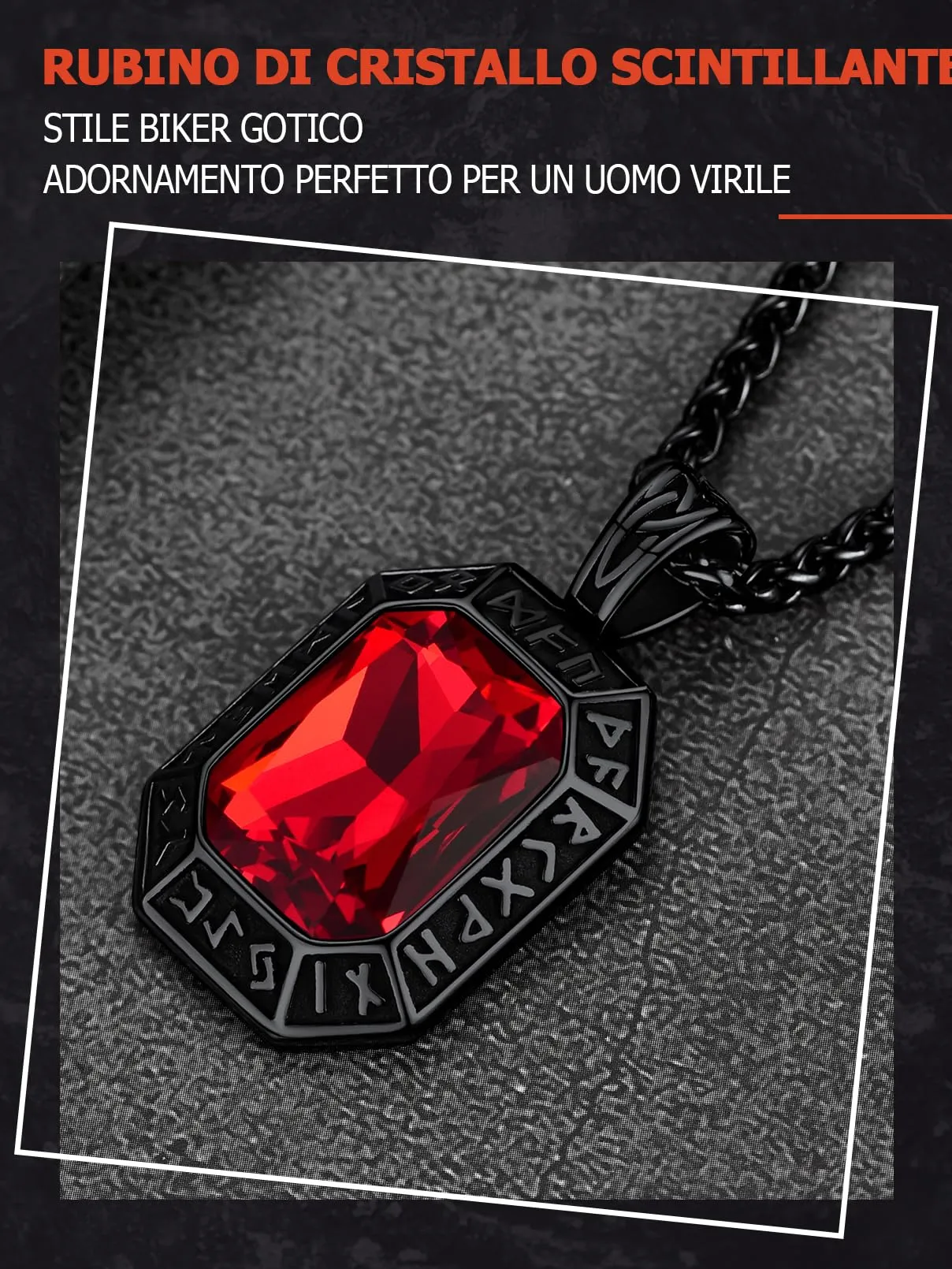 FaithHeart Collana Uomo Vichingo Pendentivo in Ottagono Cristallo Rosso Smeraldo Ossidiana con Rune Vichinghe Accessorio Moda Unico Perfetto per Regalo Stile Personale - immagine 4