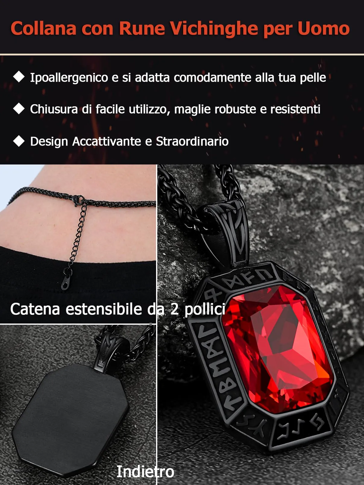 FaithHeart Collana Uomo Vichingo Pendentivo in Ottagono Cristallo Rosso Smeraldo Ossidiana con Rune Vichinghe Accessorio Moda Unico Perfetto per Regalo Stile Personale - immagine 5