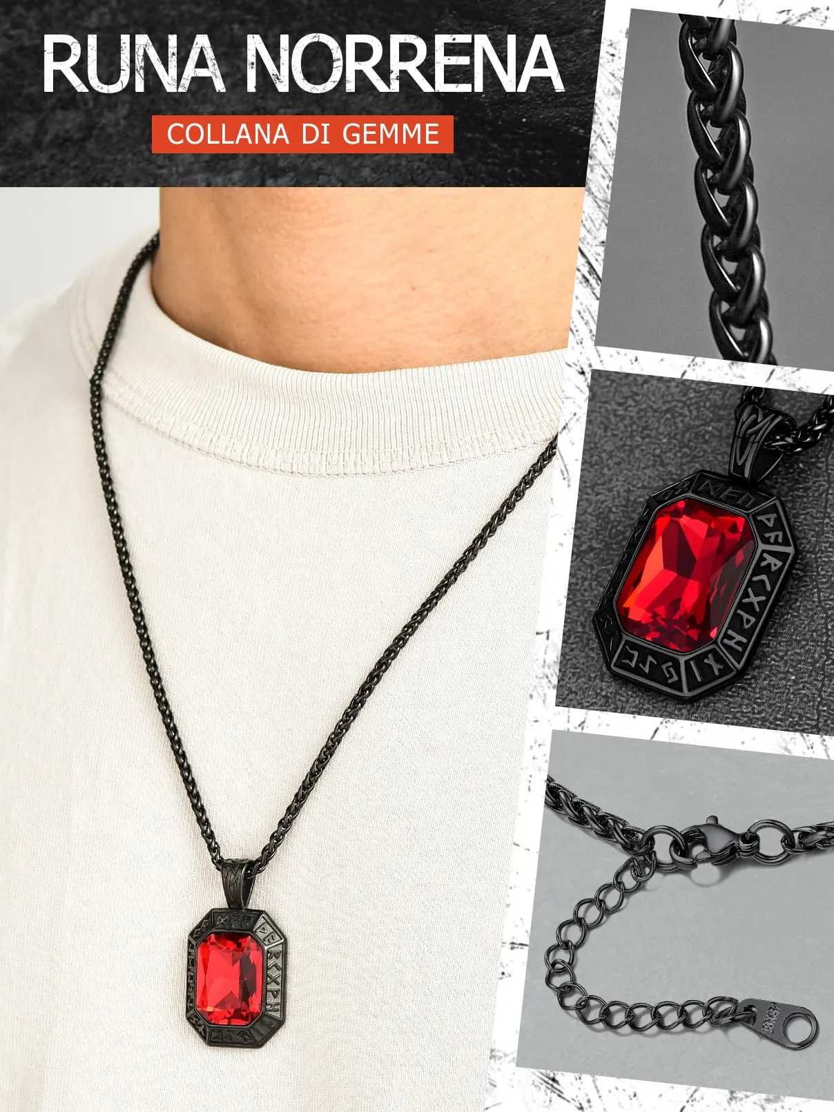 FaithHeart Collana Uomo Vichingo Pendentivo in Ottagono Cristallo Rosso Smeraldo Ossidiana con Rune Vichinghe Accessorio Moda Unico Perfetto per Regalo Stile Personale - immagine 7