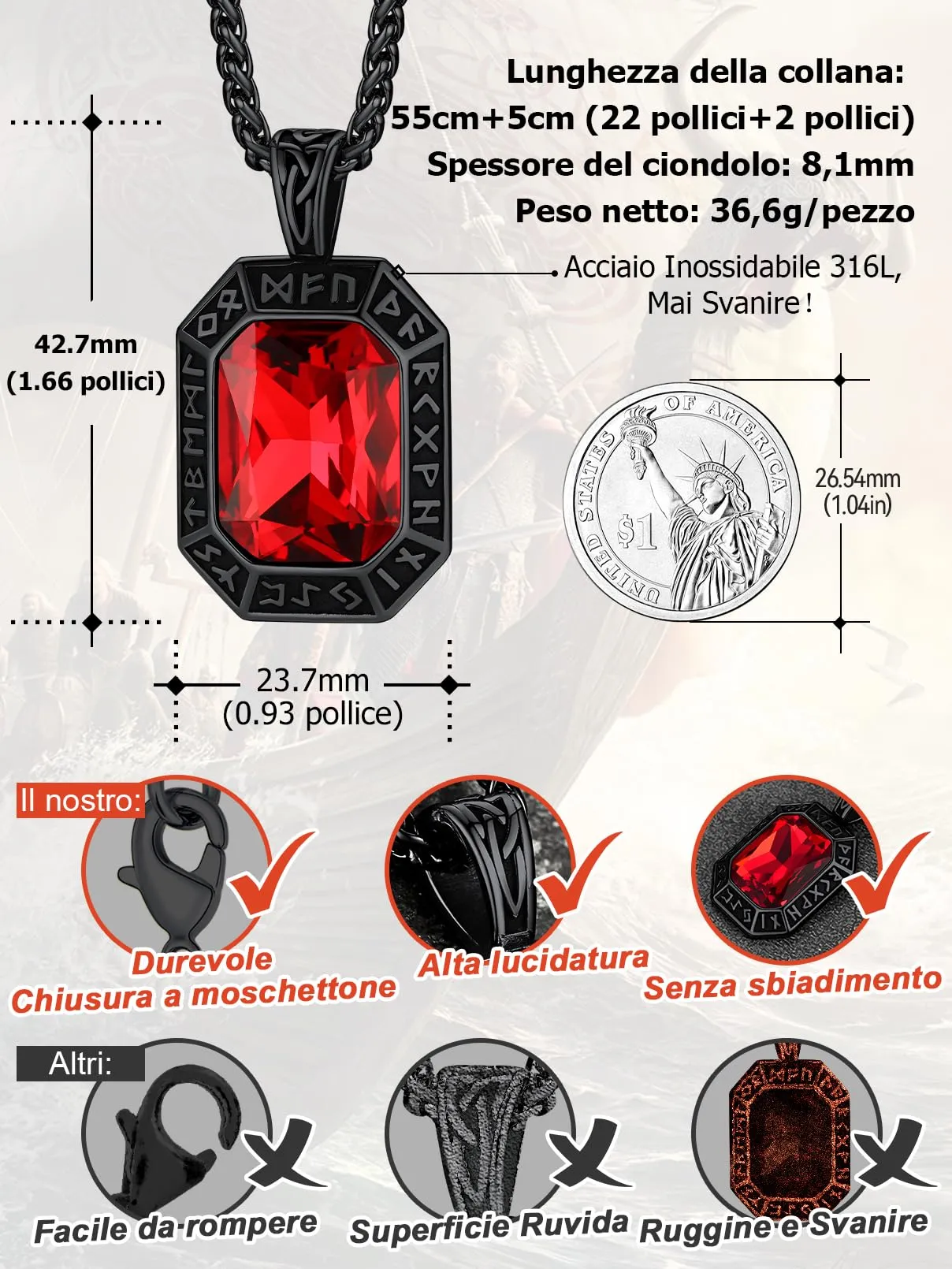 FaithHeart Collana Uomo Vichingo Pendentivo in Ottagono Cristallo Rosso Smeraldo Ossidiana con Rune Vichinghe Accessorio Moda Unico Perfetto per Regalo Stile Personale - immagine 8