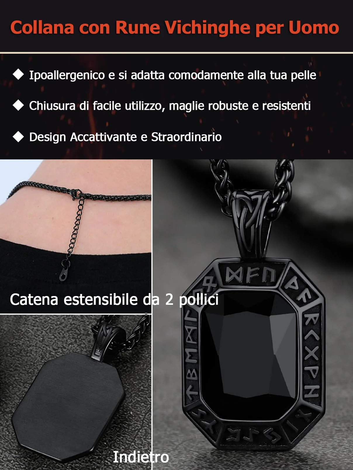 FaithHeart Collana Uomo Vichingo Pendentivo in Ottagono Cristallo Rosso Smeraldo Ossidiana con Rune Vichinghe Accessorio Moda Unico Perfetto per Regalo Stile Personale - immagine 3