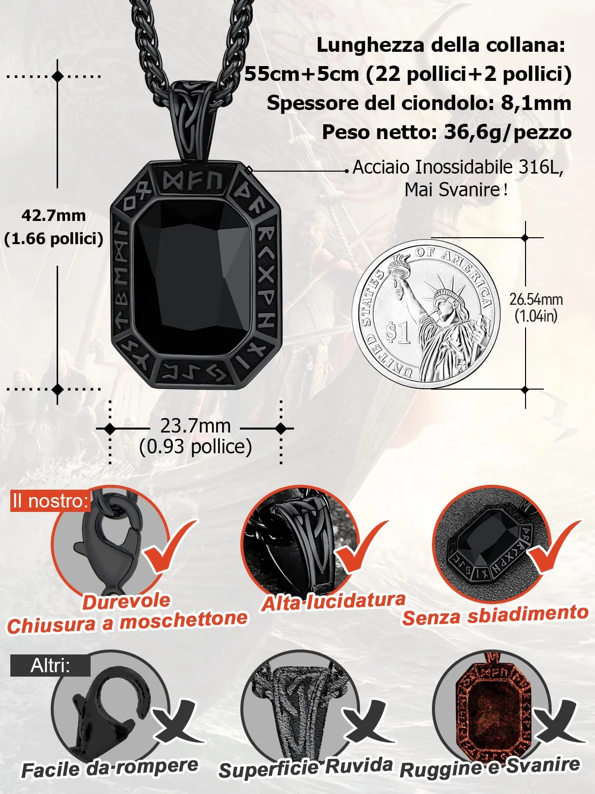 FaithHeart Collana Uomo Vichingo Pendentivo in Ottagono Cristallo Rosso Smeraldo Ossidiana con Rune Vichinghe Accessorio Moda Unico Perfetto per Regalo Stile Personale - immagine 4