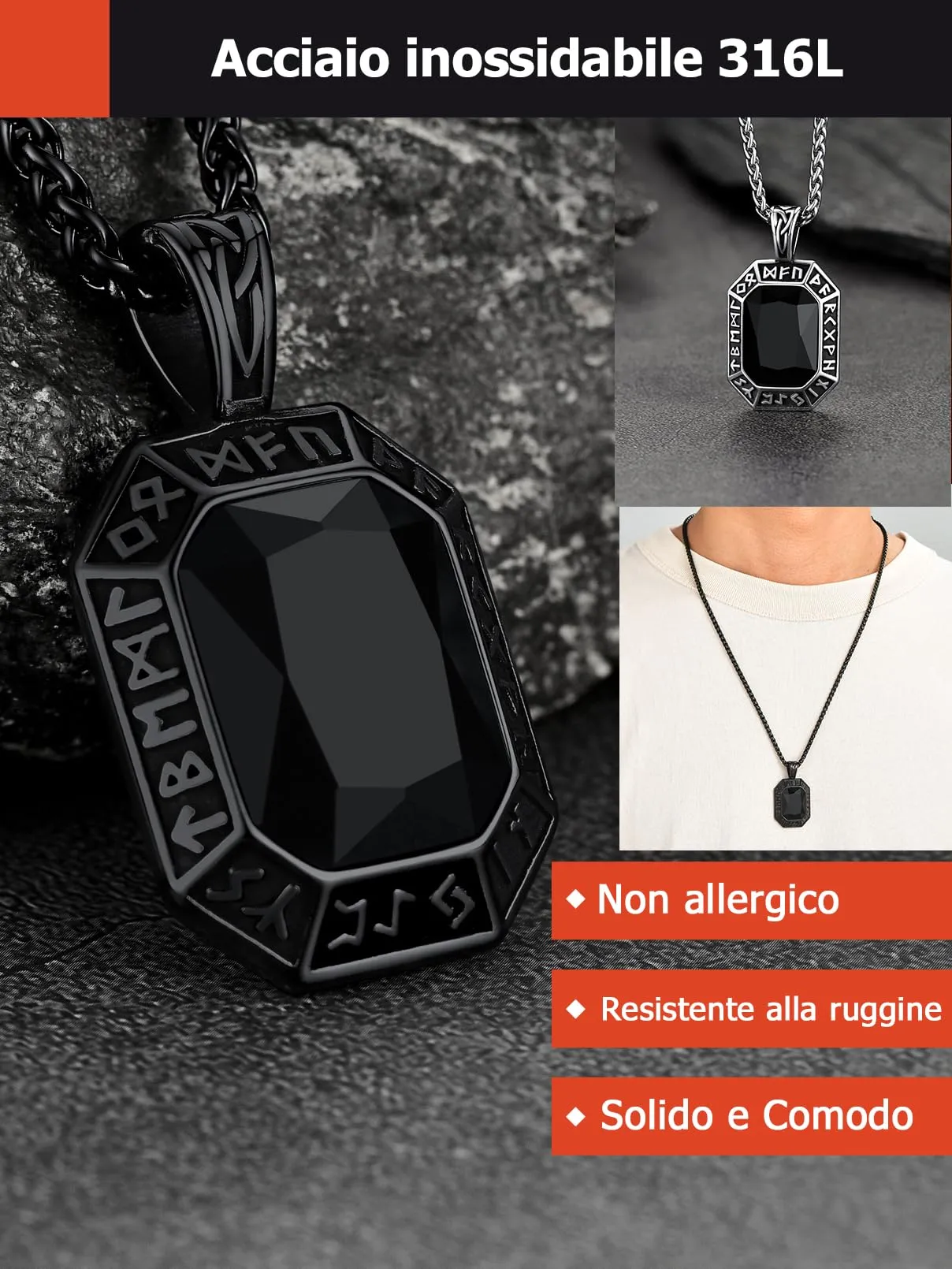 FaithHeart Collana Uomo Vichingo Pendentivo in Ottagono Cristallo Rosso Smeraldo Ossidiana con Rune Vichinghe Accessorio Moda Unico Perfetto per Regalo Stile Personale - immagine 6